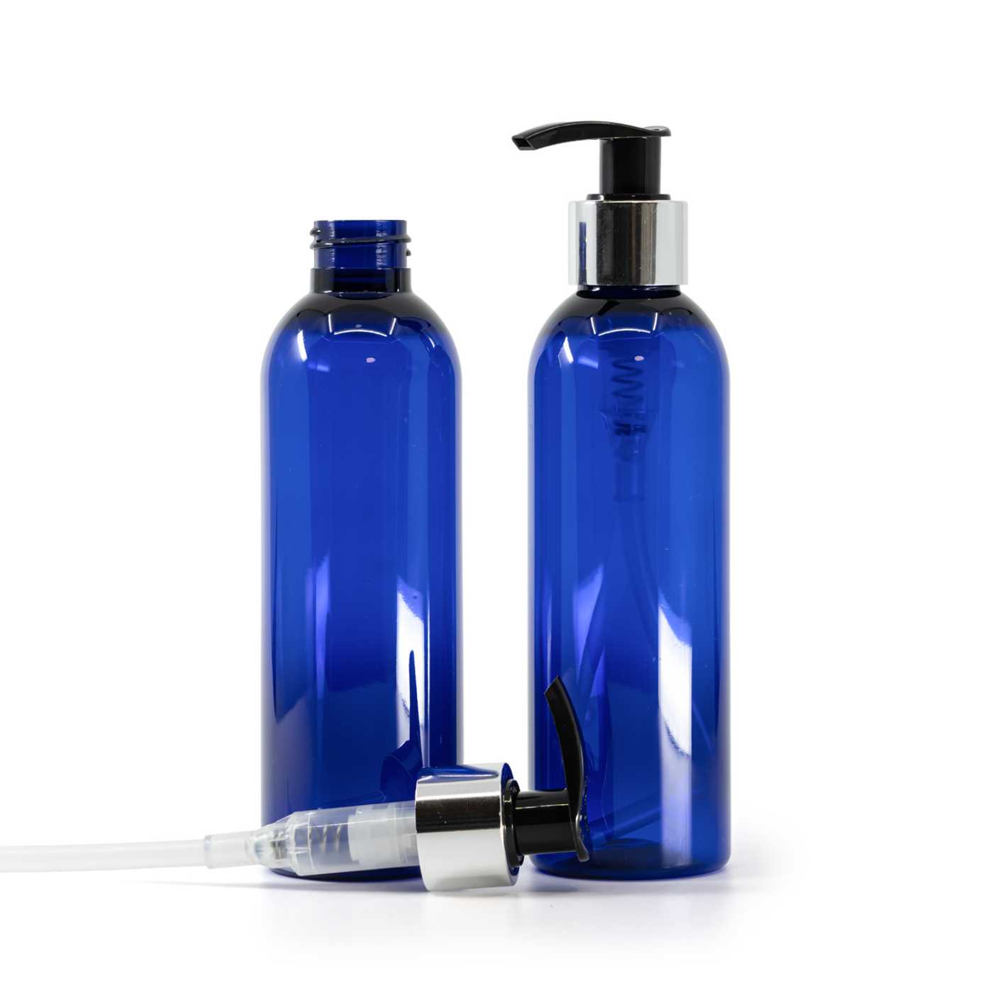 Kunststoffflasche, blau, schwarz-silberner Dosierspender, 200 ml