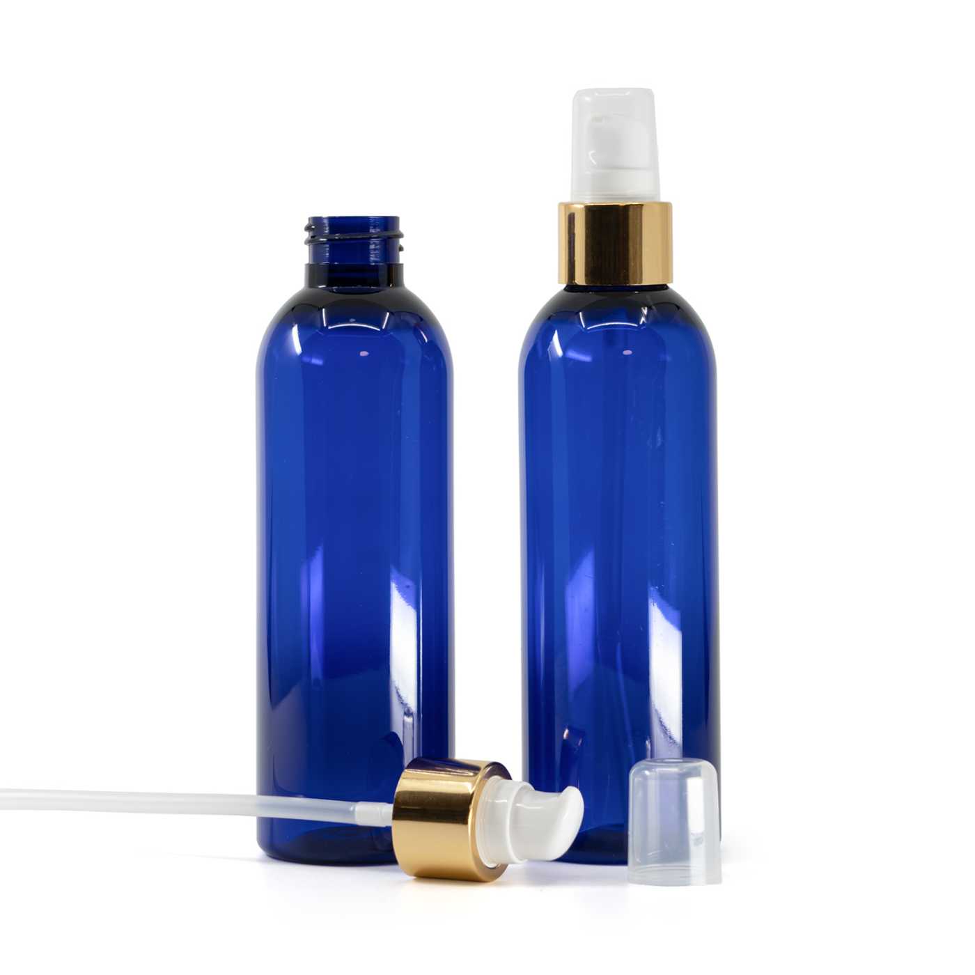 Blaue Kunststoffflasche, weißer Dispenser mit Überkappe, gold, 200 ml