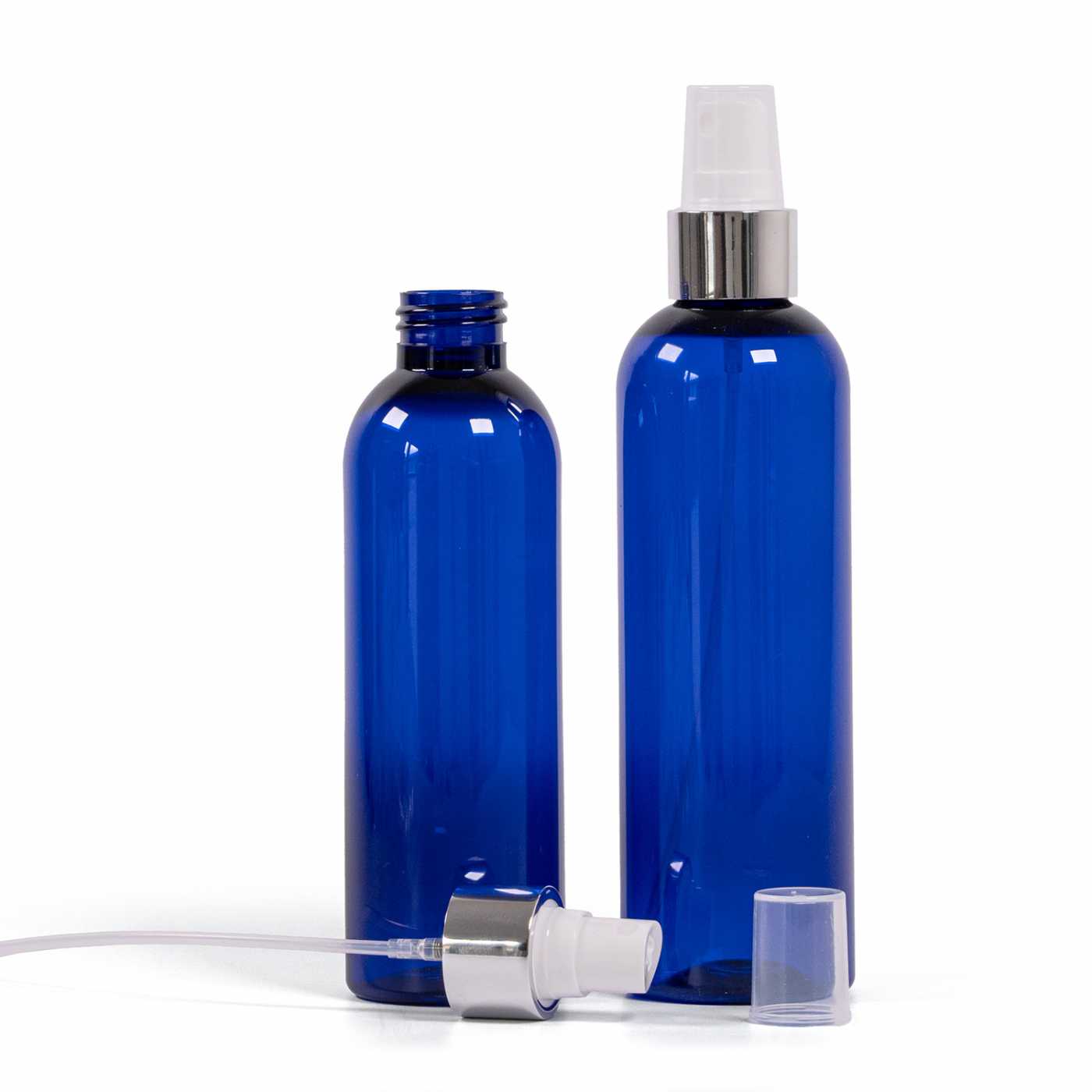 Blaue Kunststoffflasche, weißer Sprühzerstäuber, glänzender silberner Ring, 200 ml