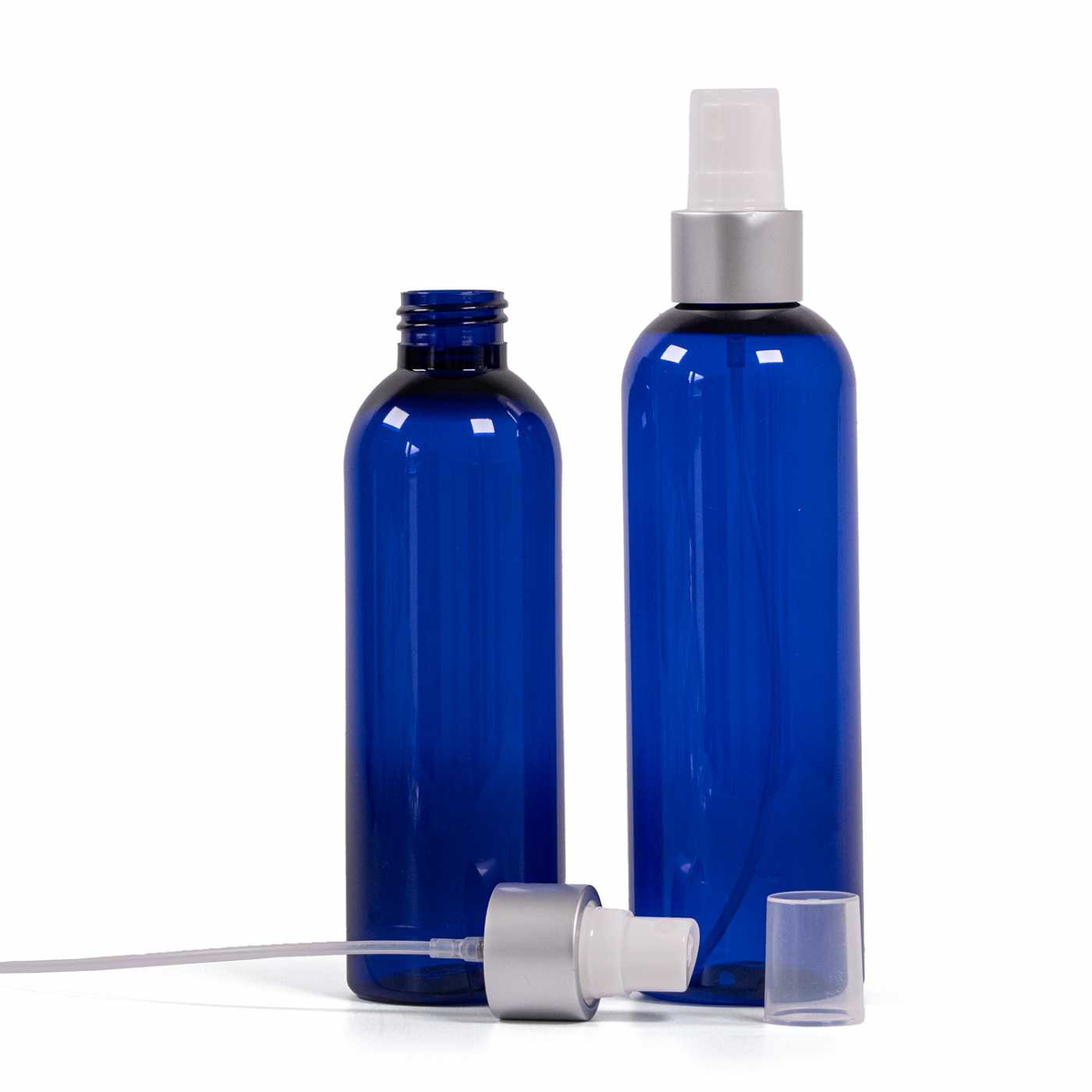 Blaue Kunststoffflasche, weißer Sprühzerstäuber, matt silberner Ring, 200 ml