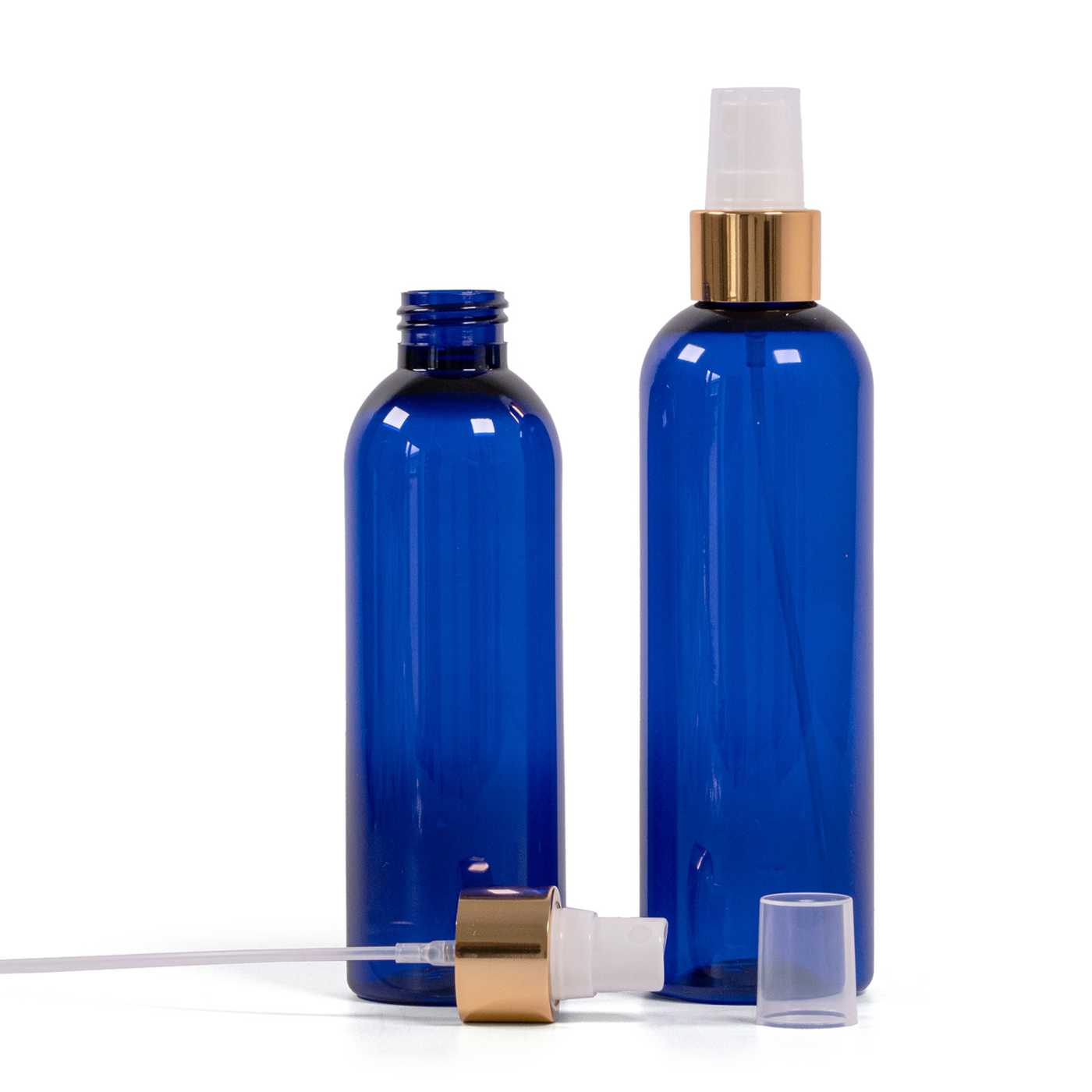 Blaue Kunststoffflasche, weißer Sprühzerstäuber, glänzender goldener Ring, 200 ml
