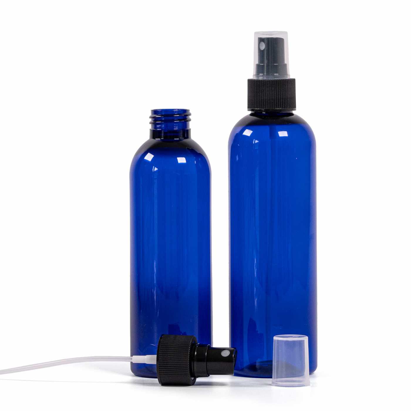 Kunststoffflasche blau, schwarzer Zerstäuber, 200 ml
