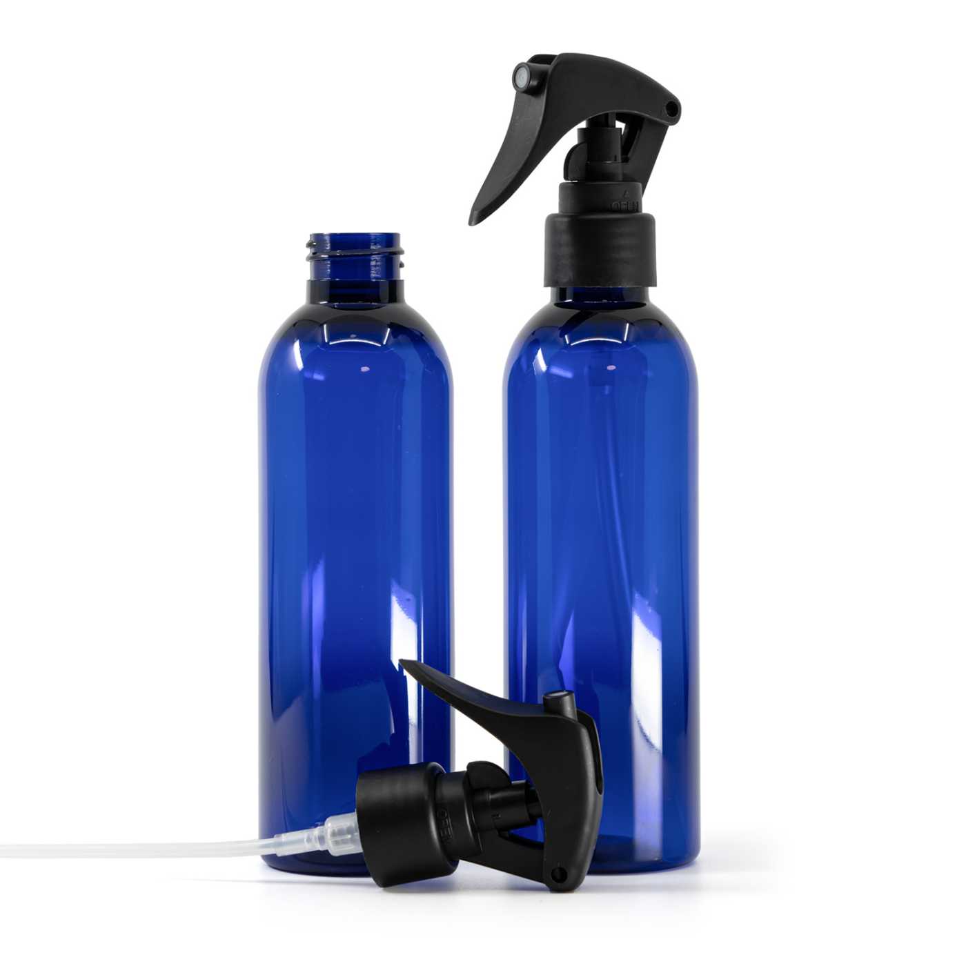 Kunststoffflasche, blau, matter schwarzer Triggersprüher, glatter Ring, 200 ml