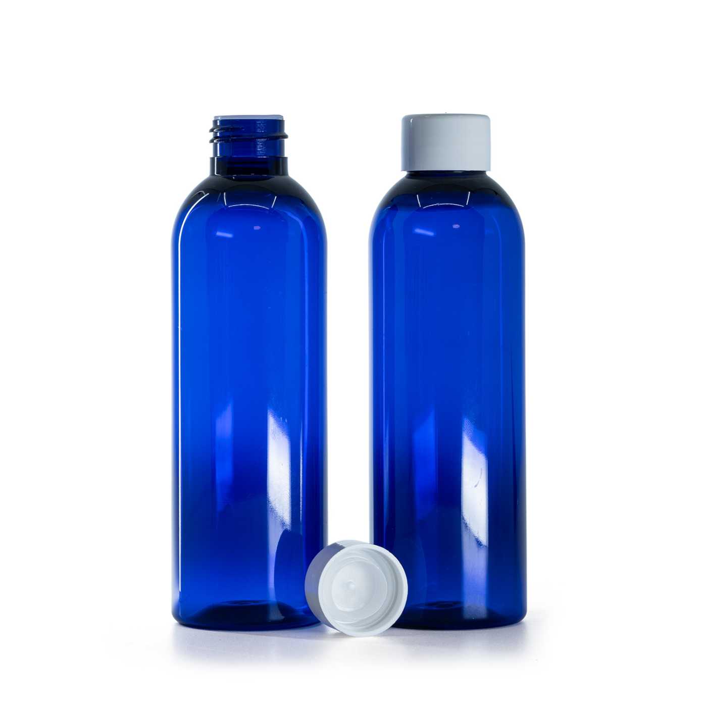 Blaue Kunststoffflasche, glatter weißer Verschluss mit Reduzierstück, 200 ml