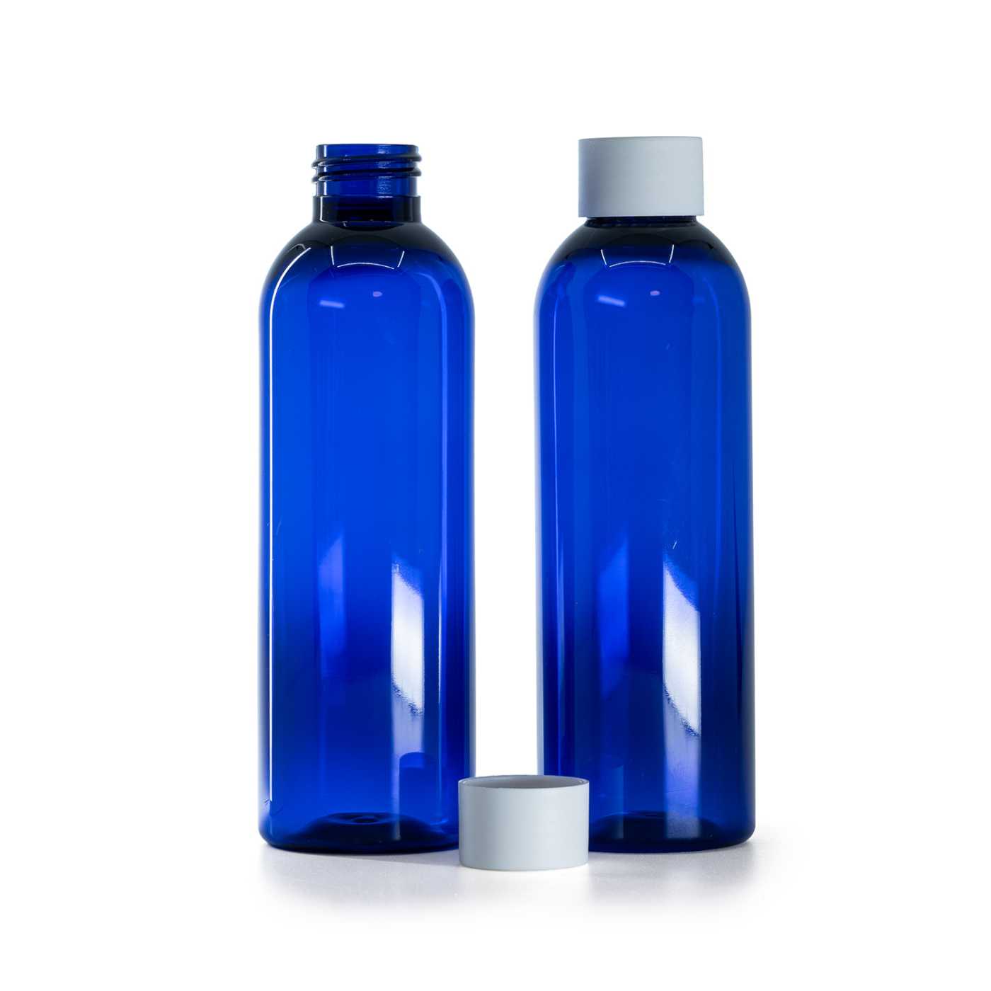Kunststoffflasche, blau, matter weißer Verschluss, 200 ml