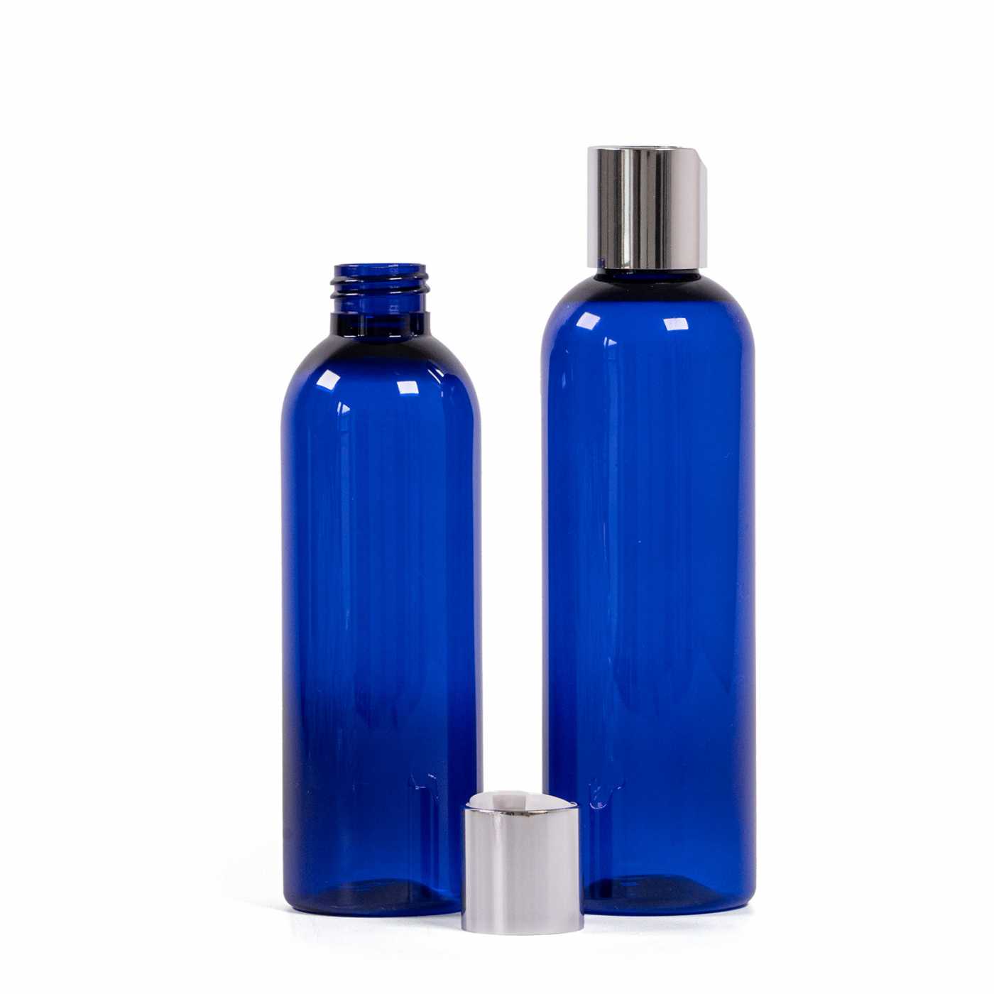 Kunststoffflasche, blau, silberner Flip-Top-Verschluss, 200 ml