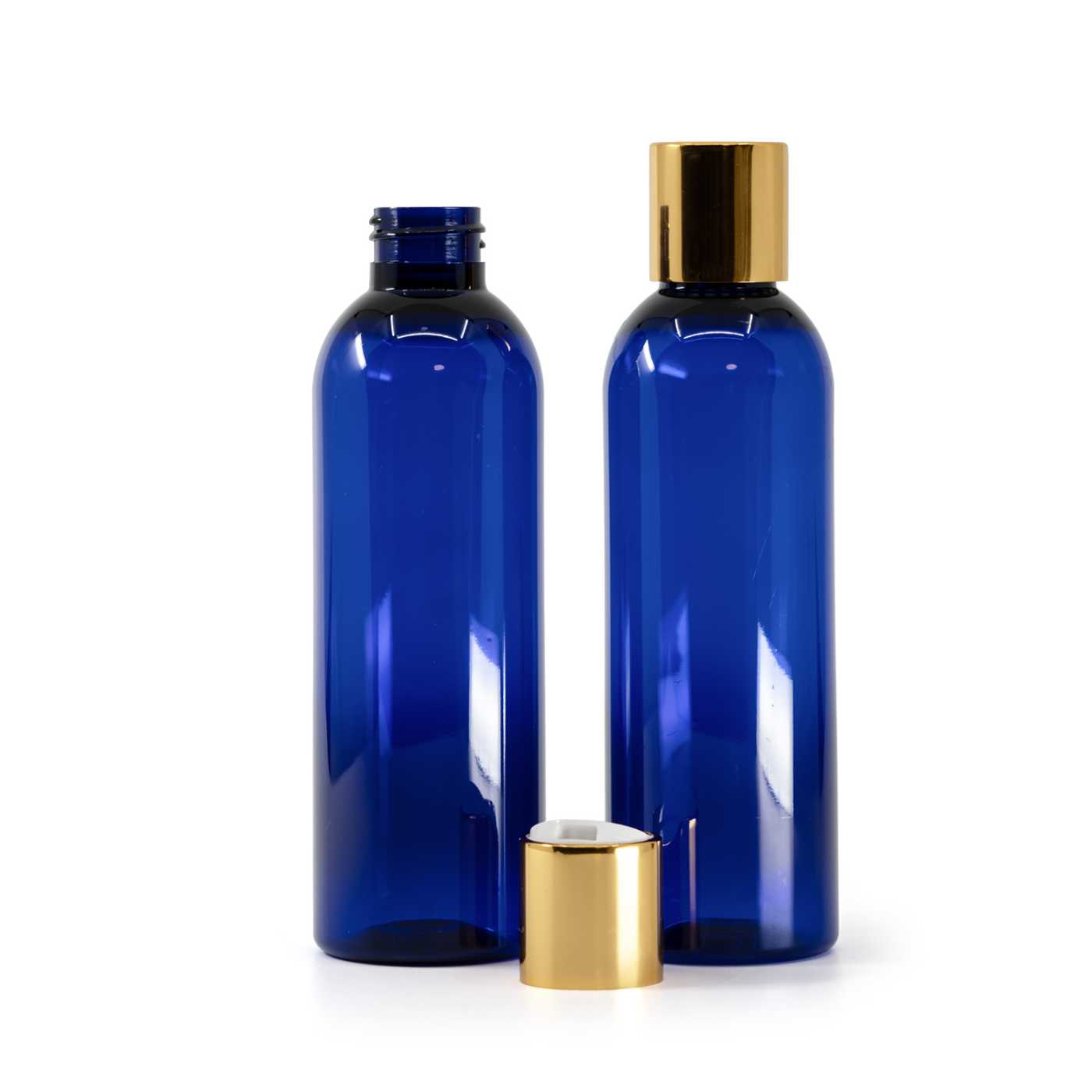 Blaue Kunststoffflasche, weißer Kunststoff-Disc-Top-Verschluss mit goldener Aluminiumkragen, 200 ml