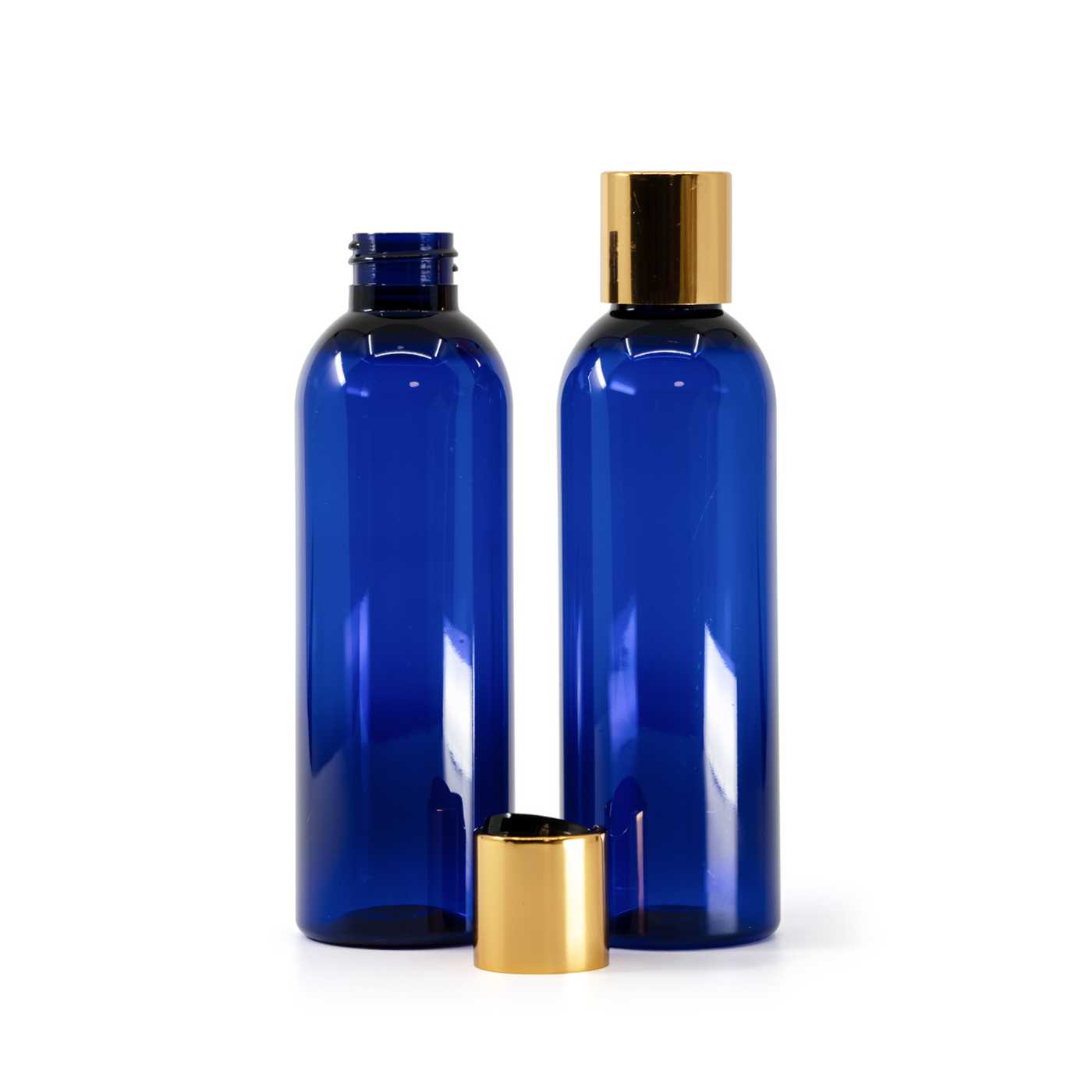 Blaue Kunststoffflasche, goldener Disc-Top-Verschluss mit schwarzem Mittelteil, 200 ml