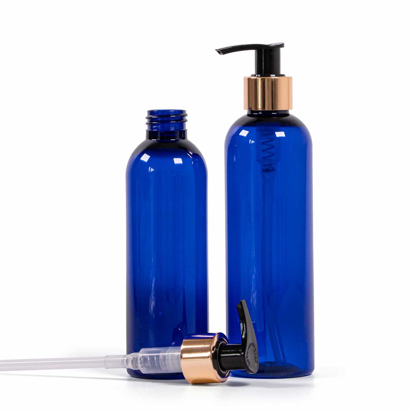 Bouteille en plastique bleue, pompe en plastique dorée, 250 ml
