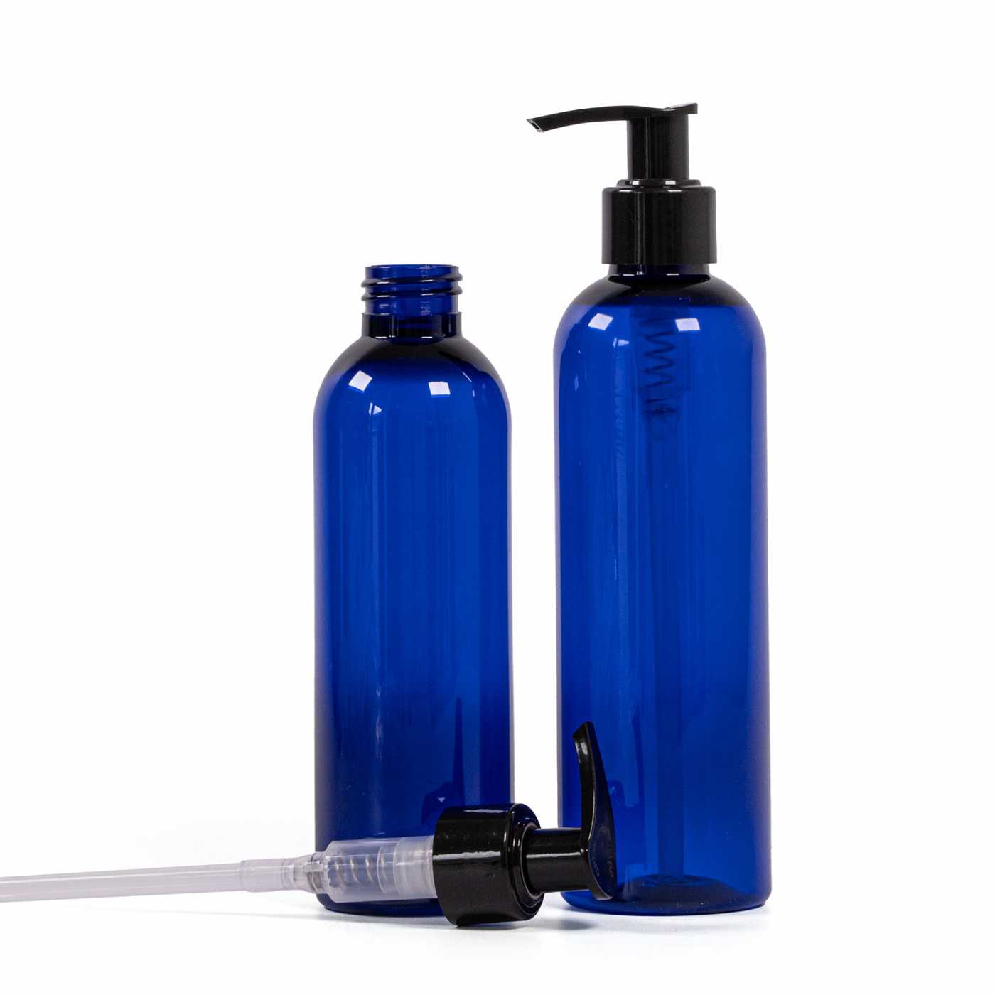 Blaue Kunststoffflasche mit schwarzem Dispenserspender, 250 ml