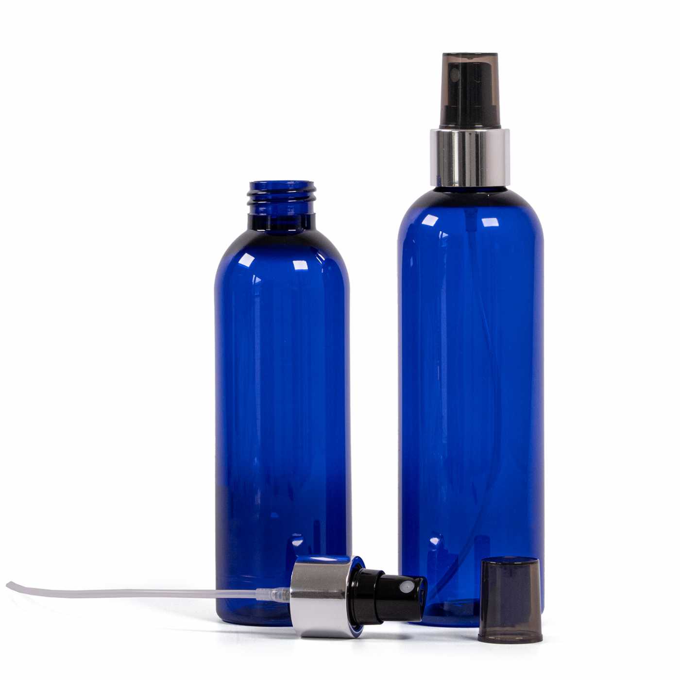 Flacon en plastique bleu, spray noir, bague argentée brillante, 250 ml