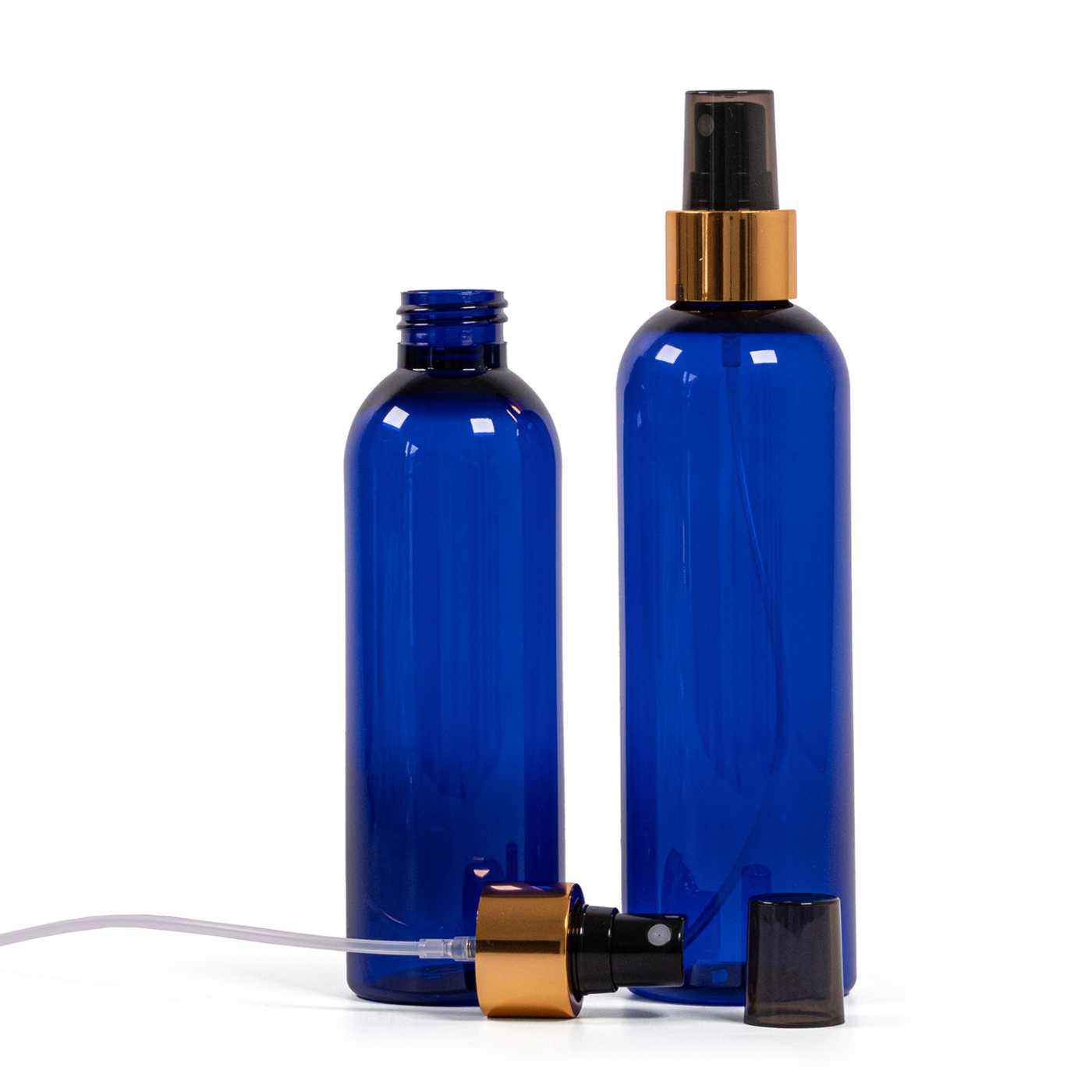 Butelka plastikowa, niebieska, czarny atomizer z błyszczącą złotą obręczą, 250 ml