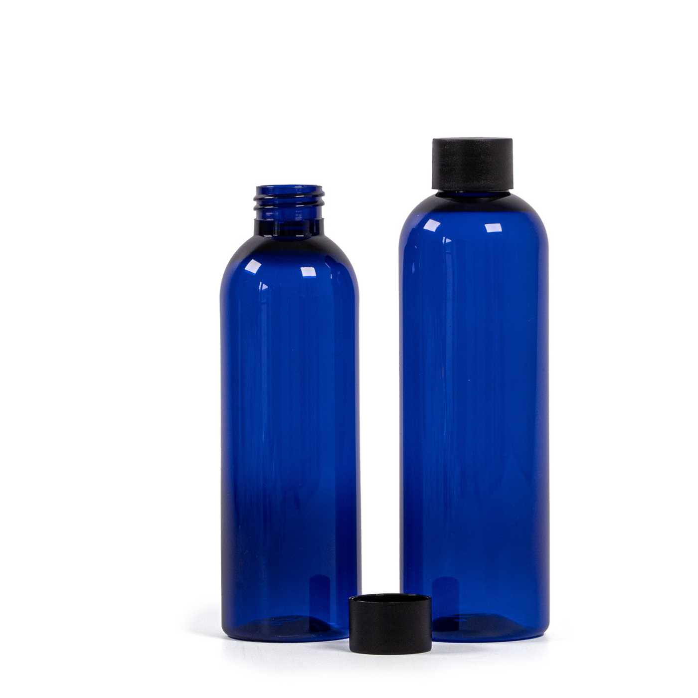Flacon en plastique bleu, 24/410, bouchon noir mat, 250 ml