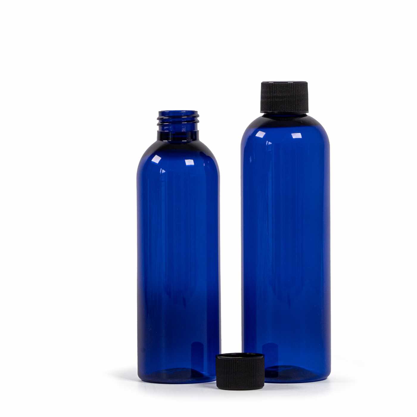Butelka plastikowa, niebieska, czarna nakrętka ryflowana, 250 ml