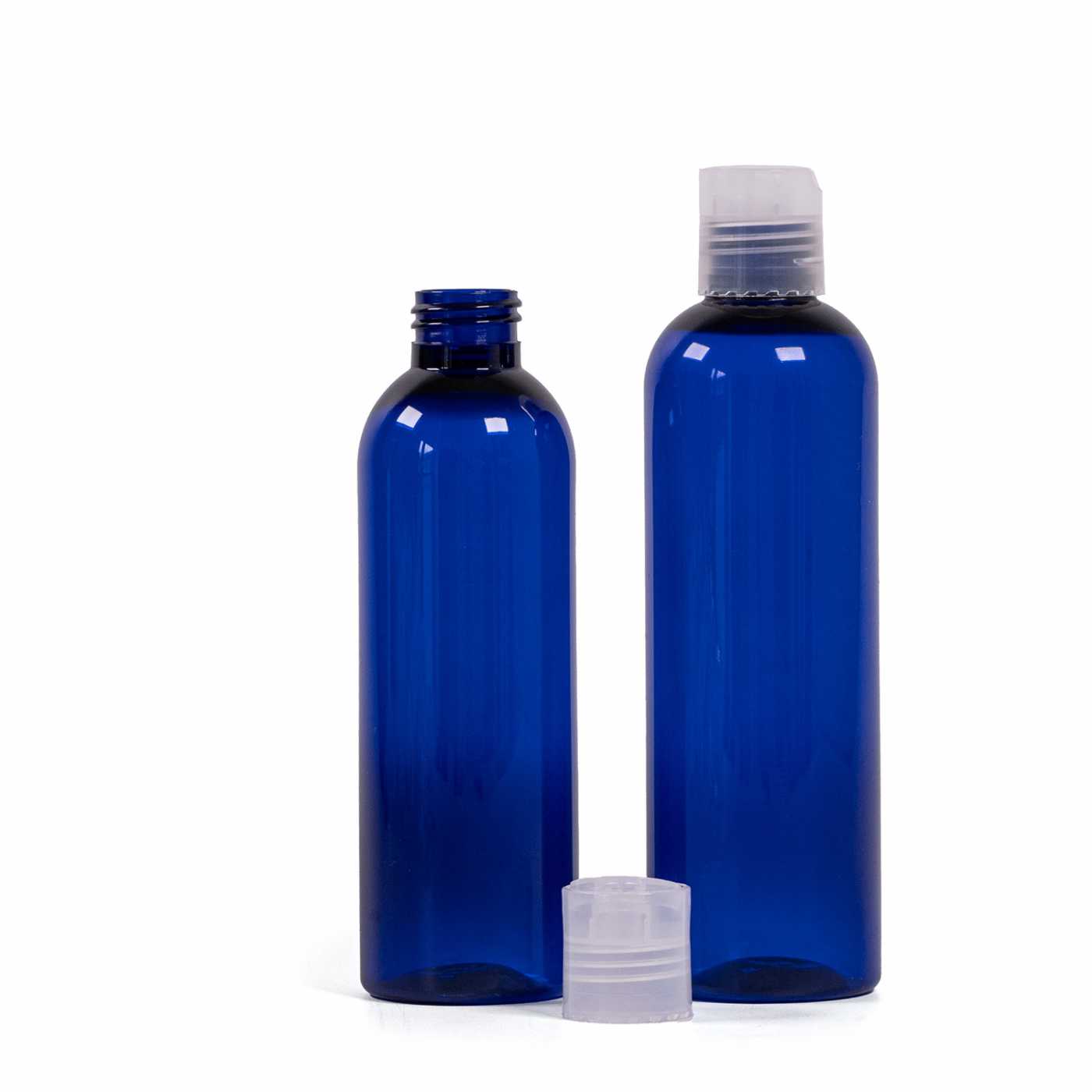 Bouteille en plastique bleue, bouchon disc-top transparent, 250 ml