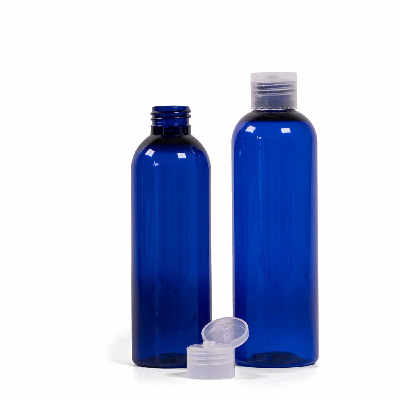 Bouteille en plastique bleue, bouchon flip-top transparent, 250 ml