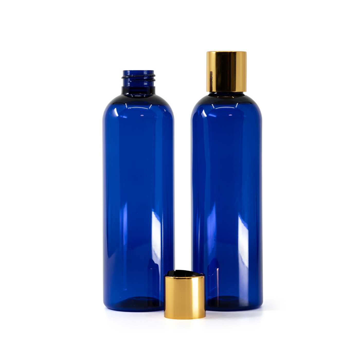 Blaue Kunststoffflasche, goldener Disc-Top-Verschluss mit schwarzem Mittelteil, 250 ml