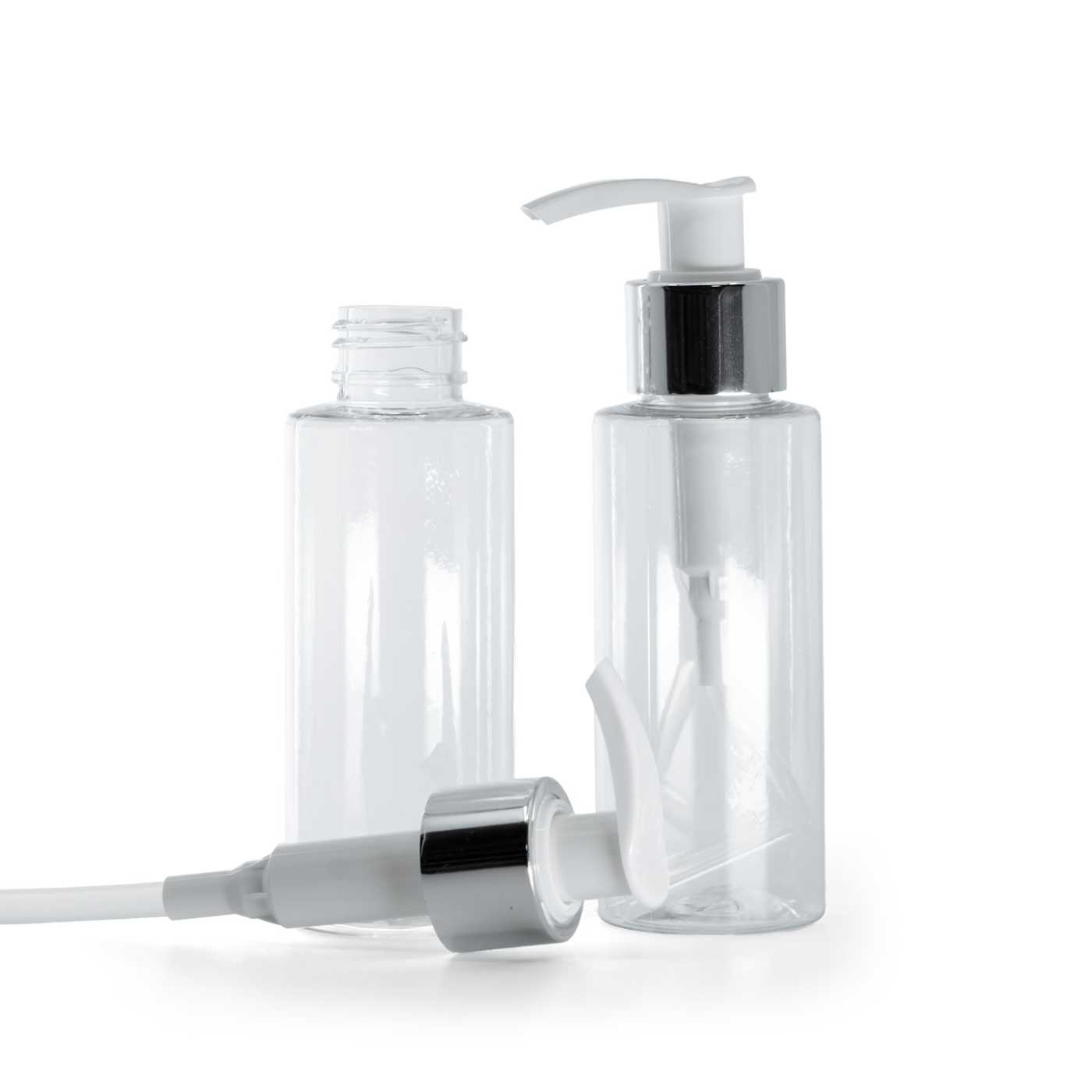 Átlátszó műanyag palack, fehér krémpumpa fényes ezüst gallérral, 100 ml