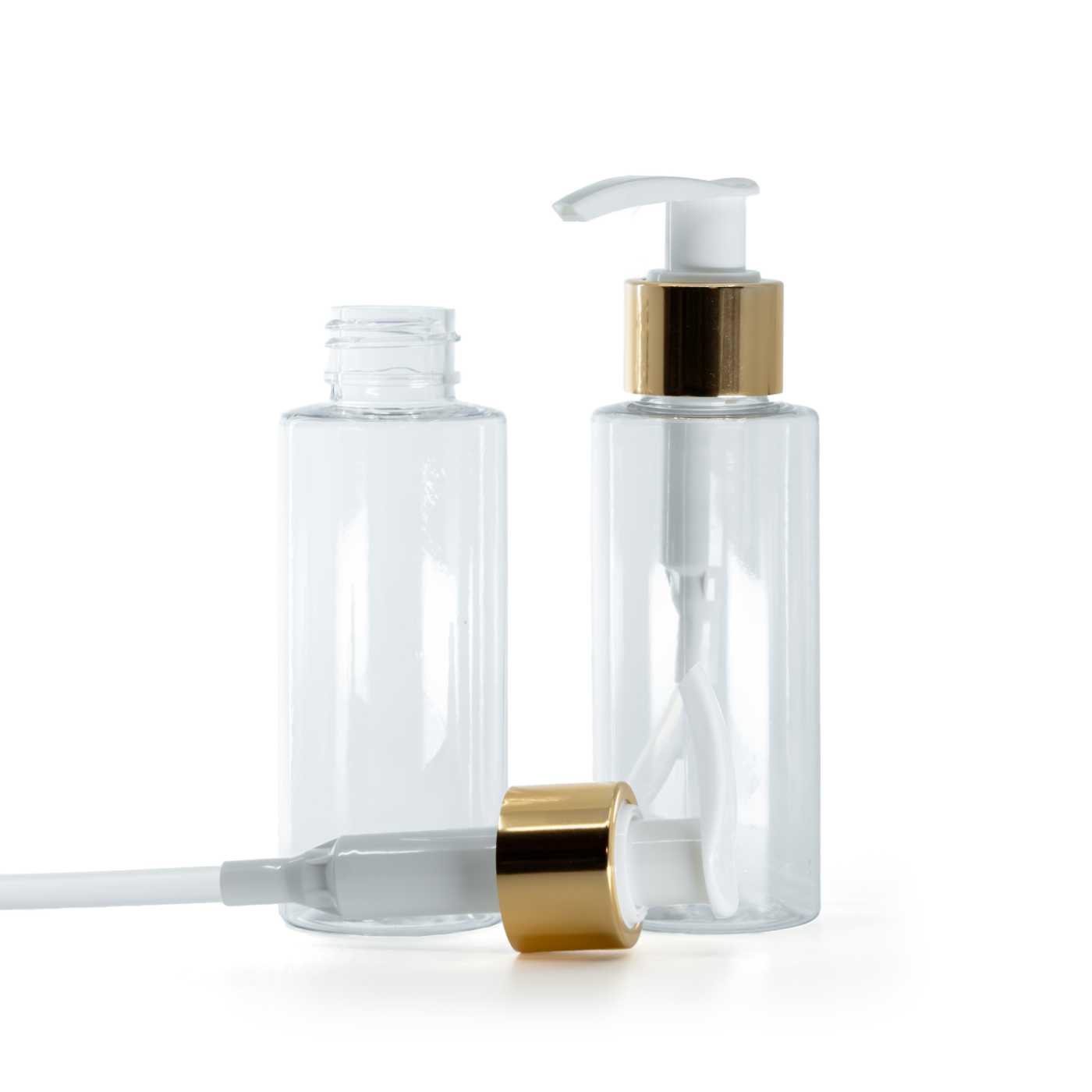 Flacon en plastique transparent, pompe blanche avec bague dorée brillante, 100 ml