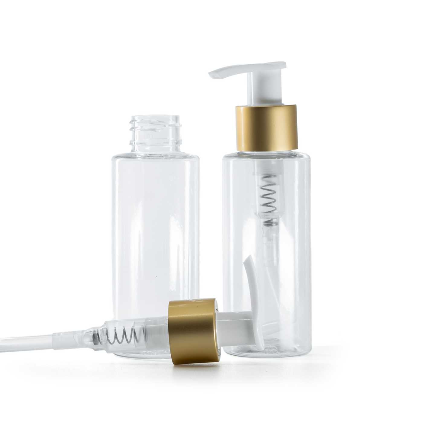 Flacon en plastique transparent, pompe lotion blanche avec bague or mat, 100 ml