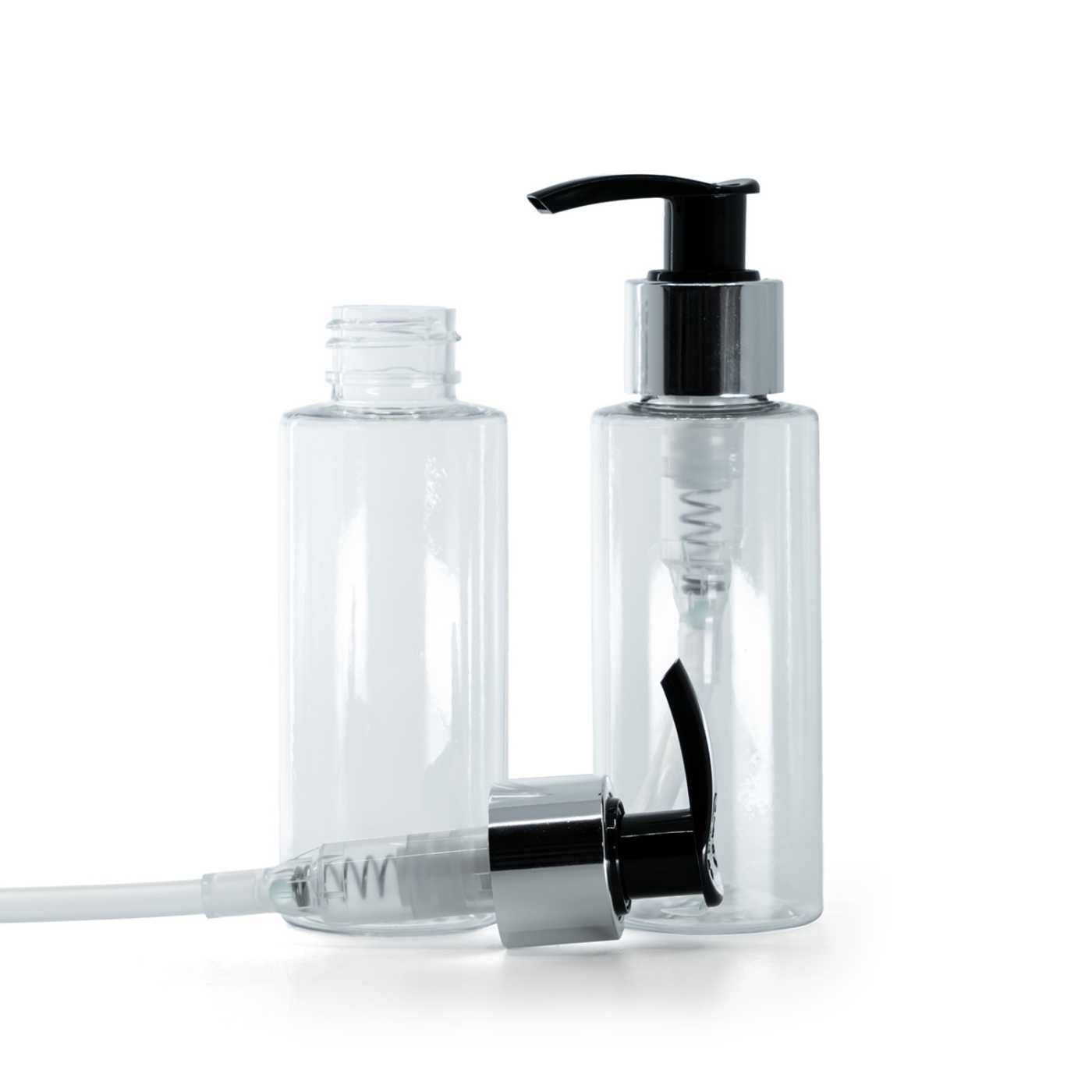 Butelka plastikowa przezroczysta, czarno-srebrny dozownik, 100 ml