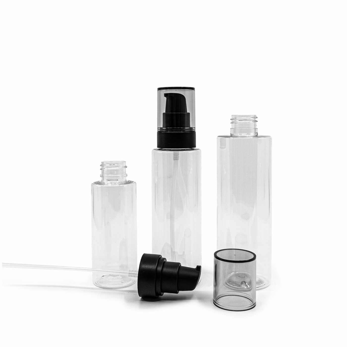 Butelka plastikowa przezroczysta, czarny dozownik z przydymionym kapturkiem, 100 ml