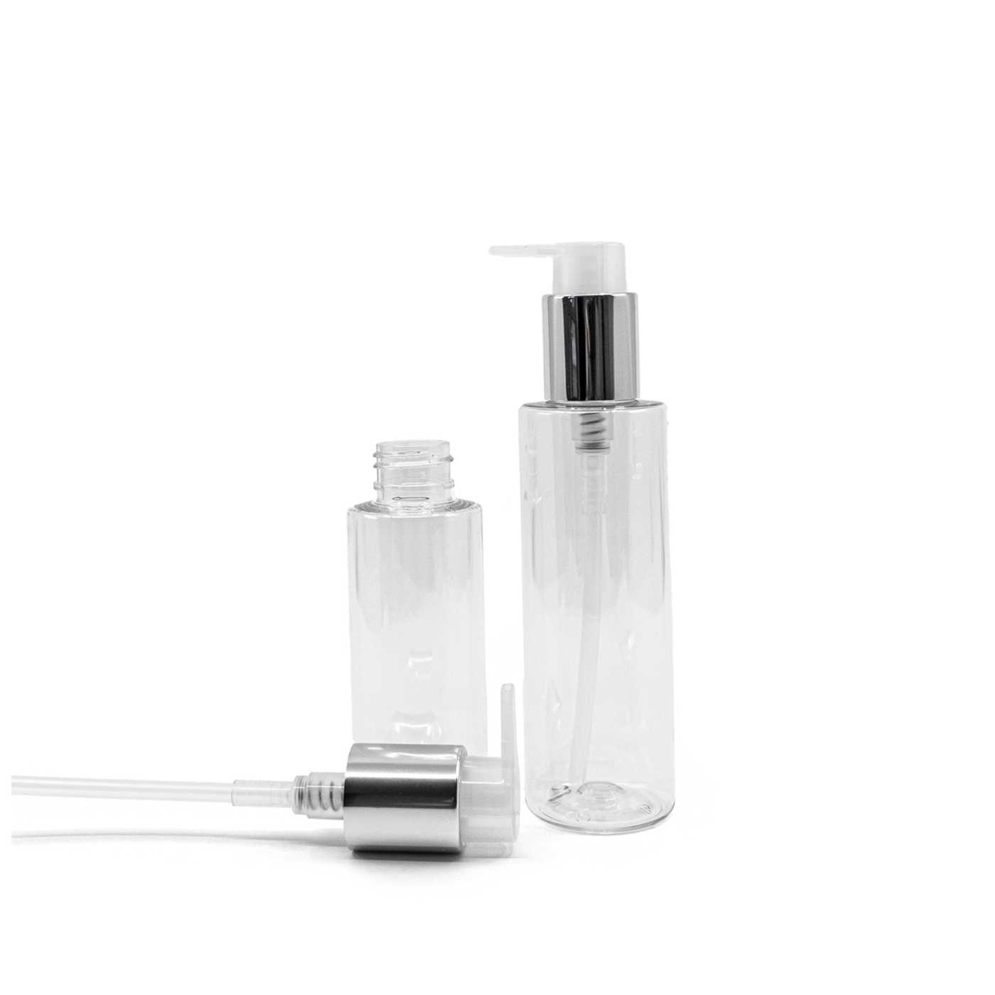 Butelka plastikowa przezroczysta, pompka srebrna, 100 ml