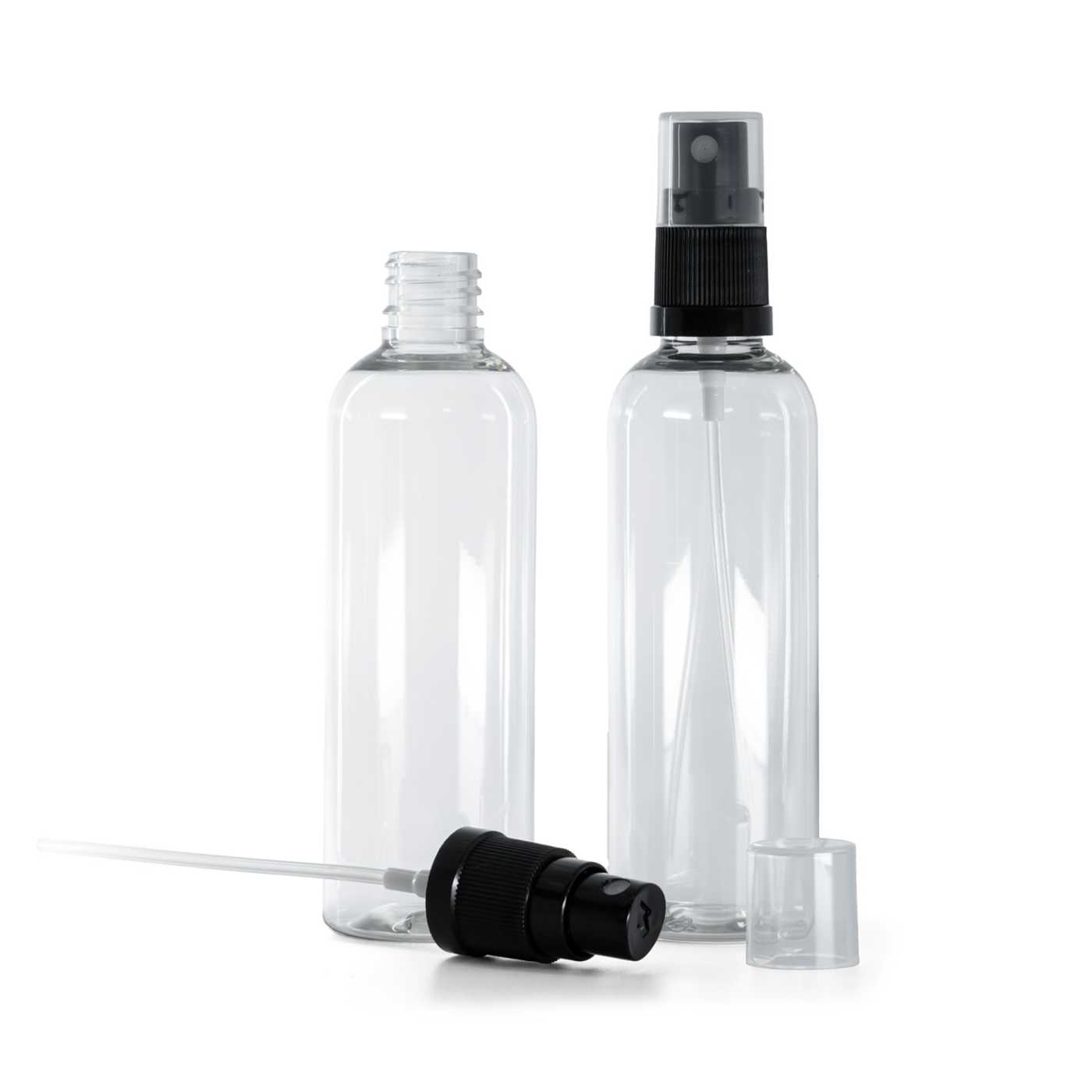Kunststofffläschchen, transparent, schwarzer Sprühzerstäuber, 100 ml