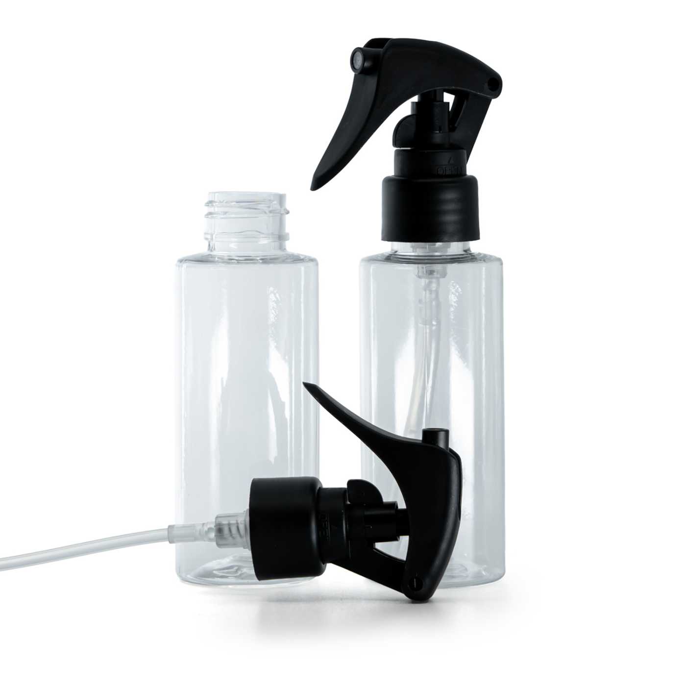 Butelka plastikowa przezroczysta, spryskiwacz z dźwignią matowy czarny, gładki kołnierz, 100 ml