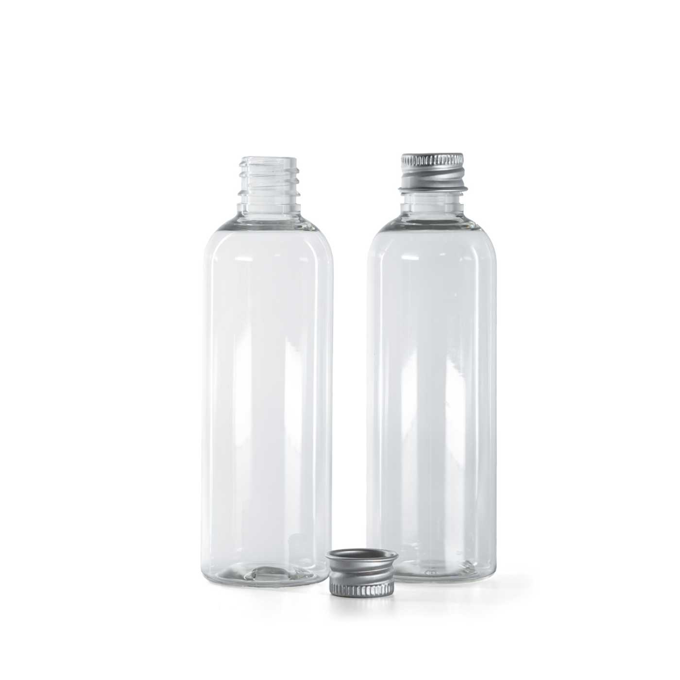 Átlátszó műanyag palack, alumínium kupak, 100 ml