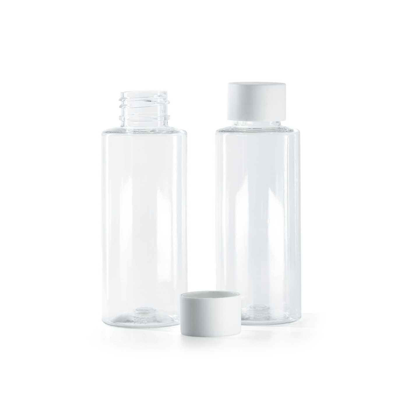 Flacon en plastique transparent, 100 ml, bouchon blanc mat