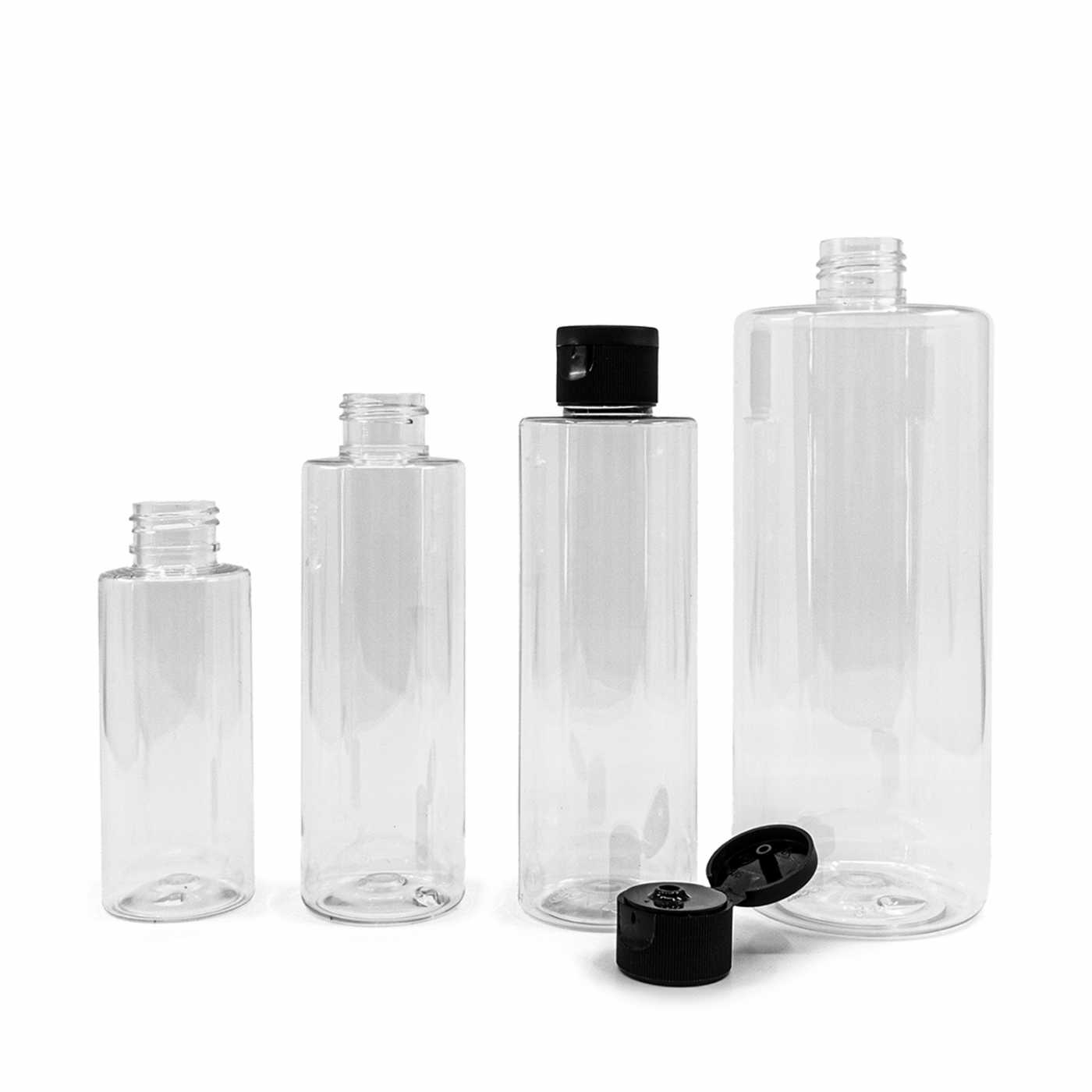 Kunststofffläschchen, transparent, schwarzer Flip-Top-Verschluss, 100 ml