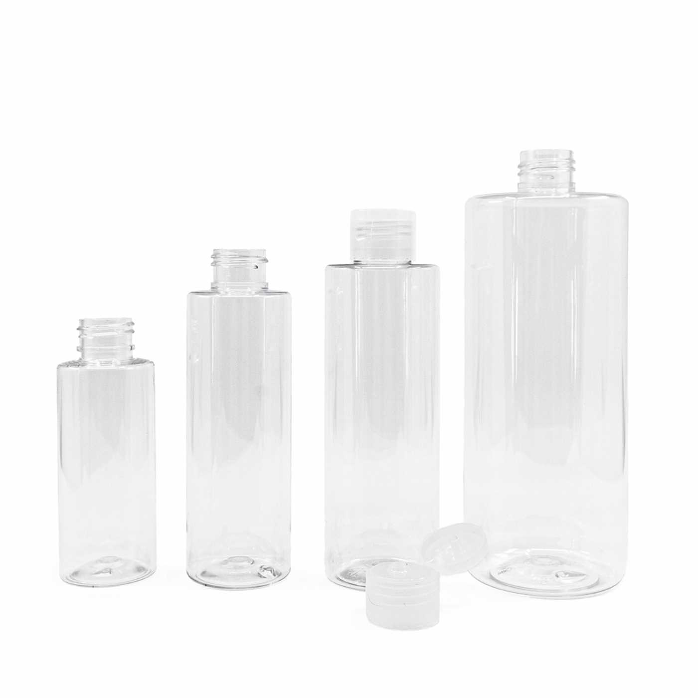Flacon en plastique transparent, bouchon flip-top transparent, 100 ml