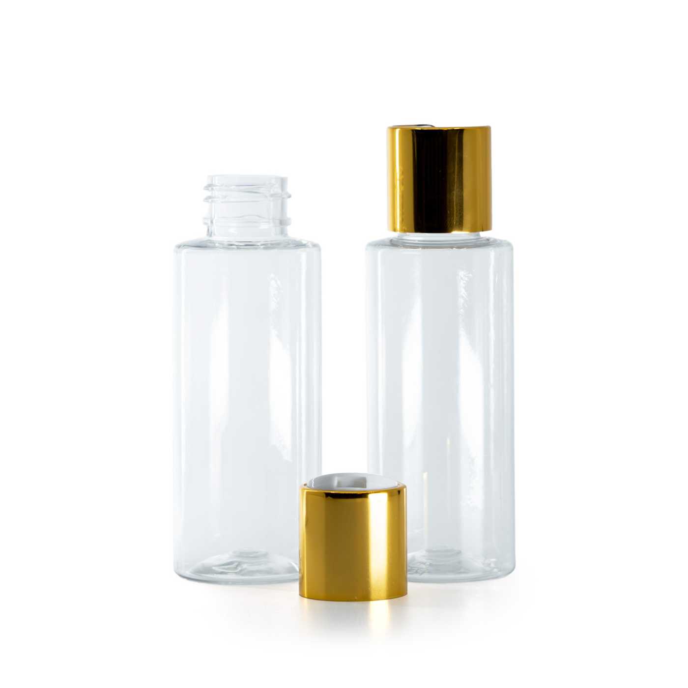 Kunststofffläschchen, transparent, Disc-Top-Verschluss, gold, weißer Einsatz, 100 ml