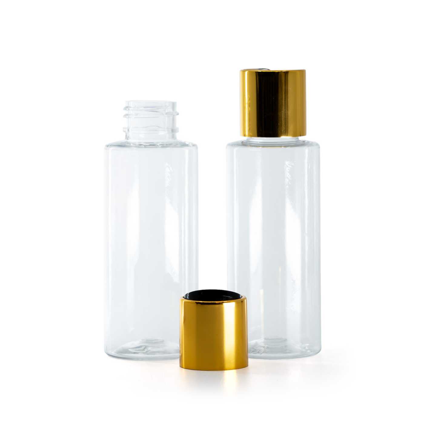 Butelka plastikowa przezroczysta, nakrętka disc top, złota, czarny środek, 100 ml