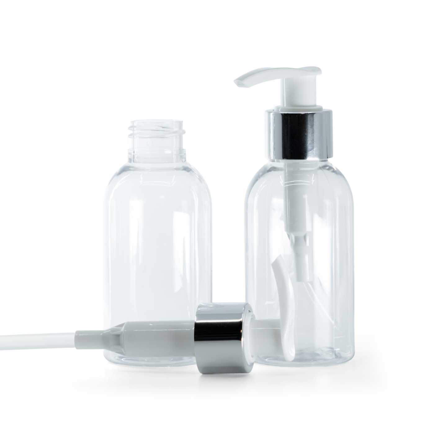 Flacon en plastique transparent, pompe blanche avec bague argentée brillante, 100 ml