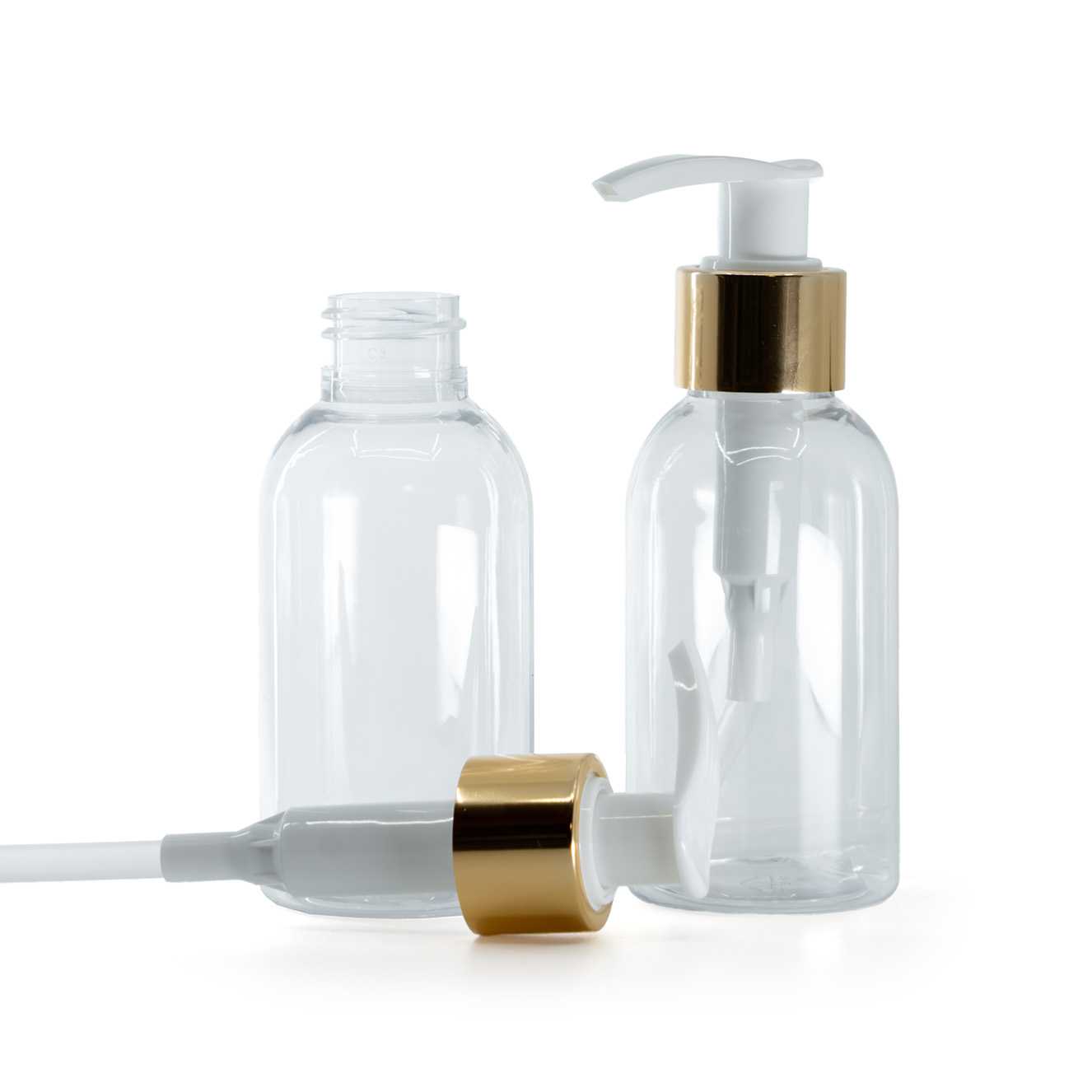 Flacon en plastique transparent, rond, pompe blanche avec bague dorée brillante, 100 ml