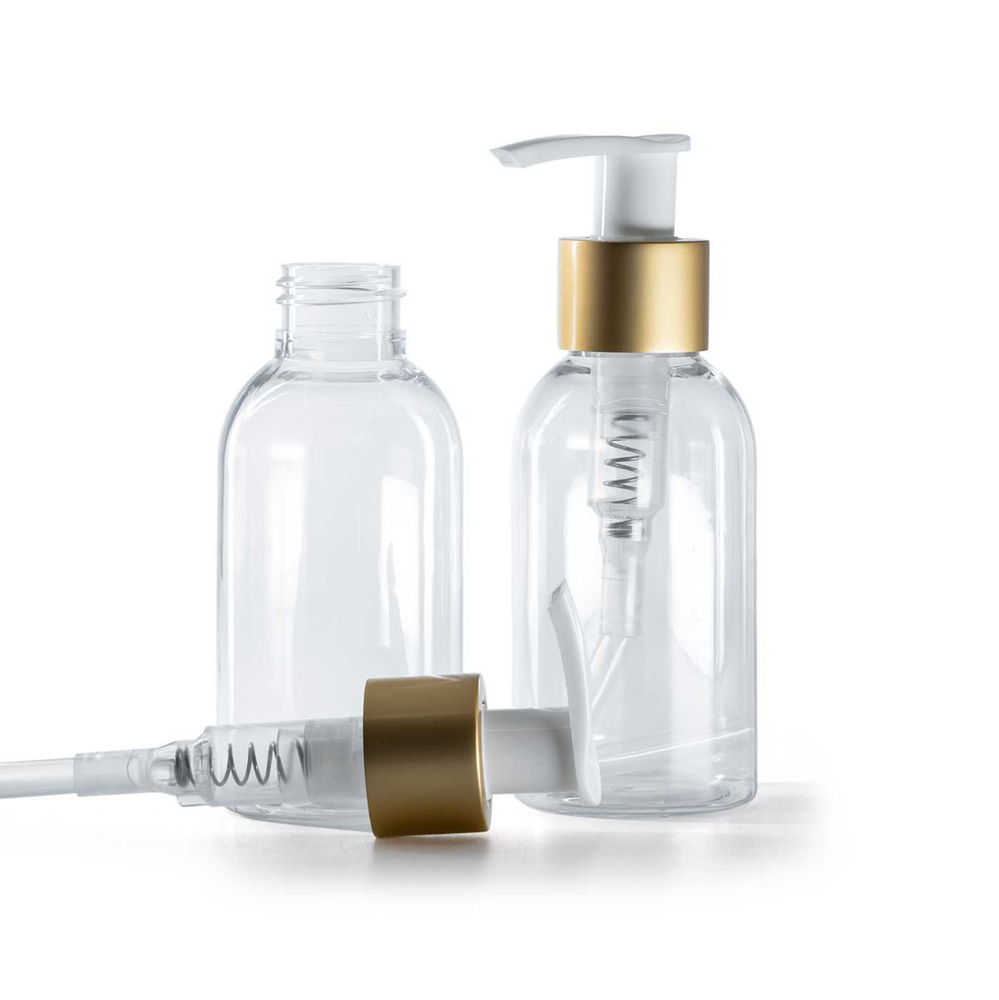 Flacon en plastique transparent, pompe lotion blanche avec collerette or mat, 100 ml