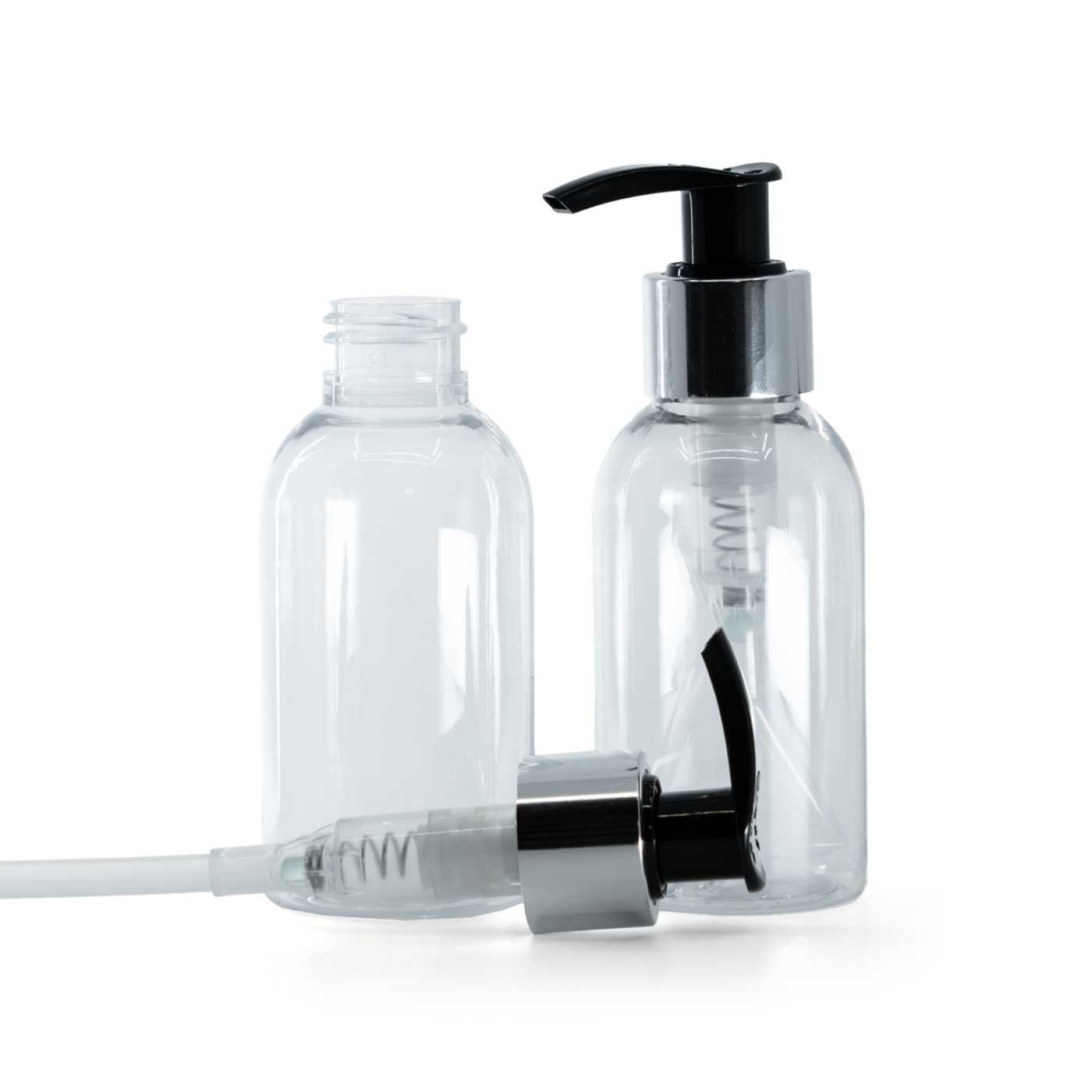 Flacon en plastique transparent, rond, distributeur noir et argenté, 100 ml