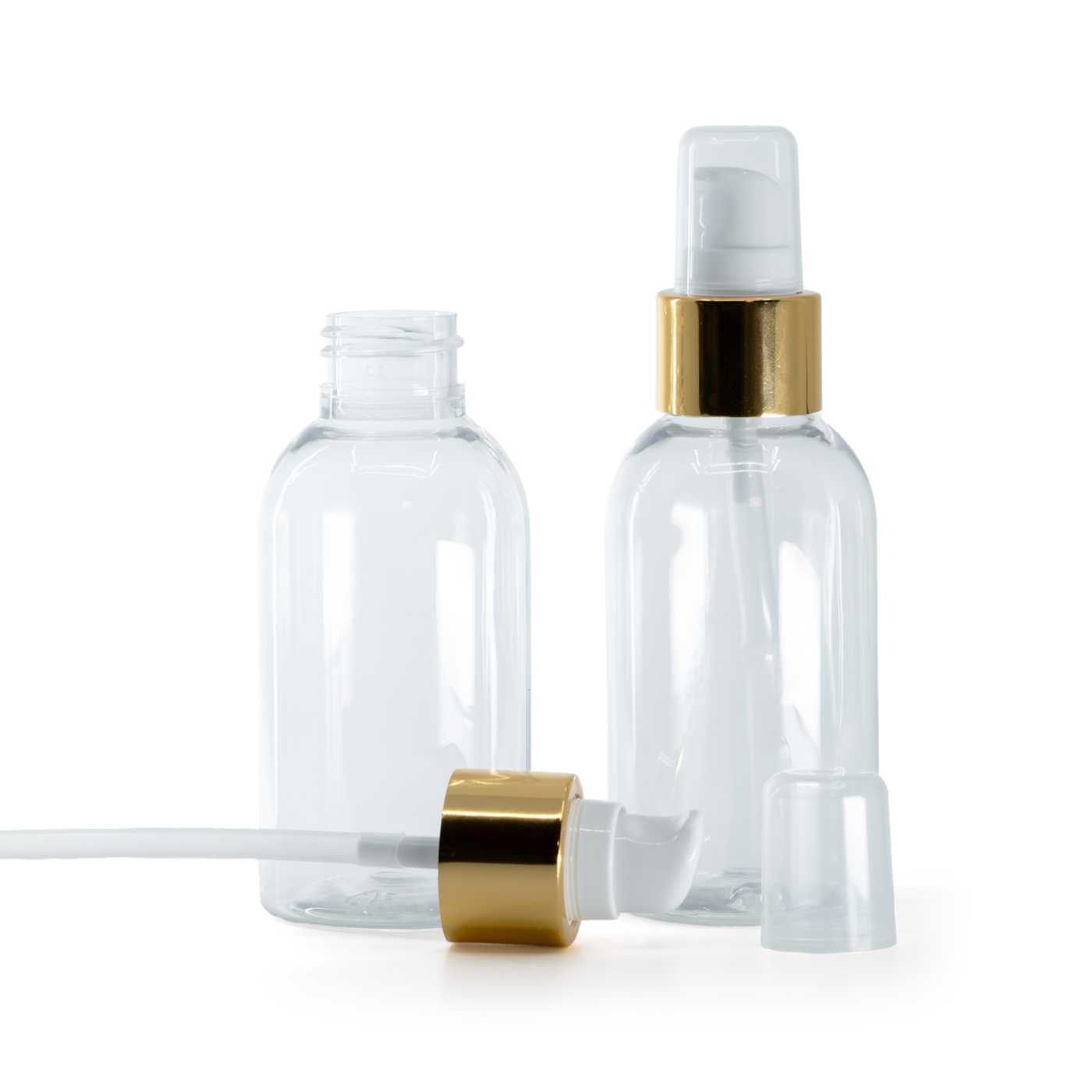 Flacon en plastique transparent, rond, pompe lotion blanche avec surcapuchon, doré brillant, 100 ml