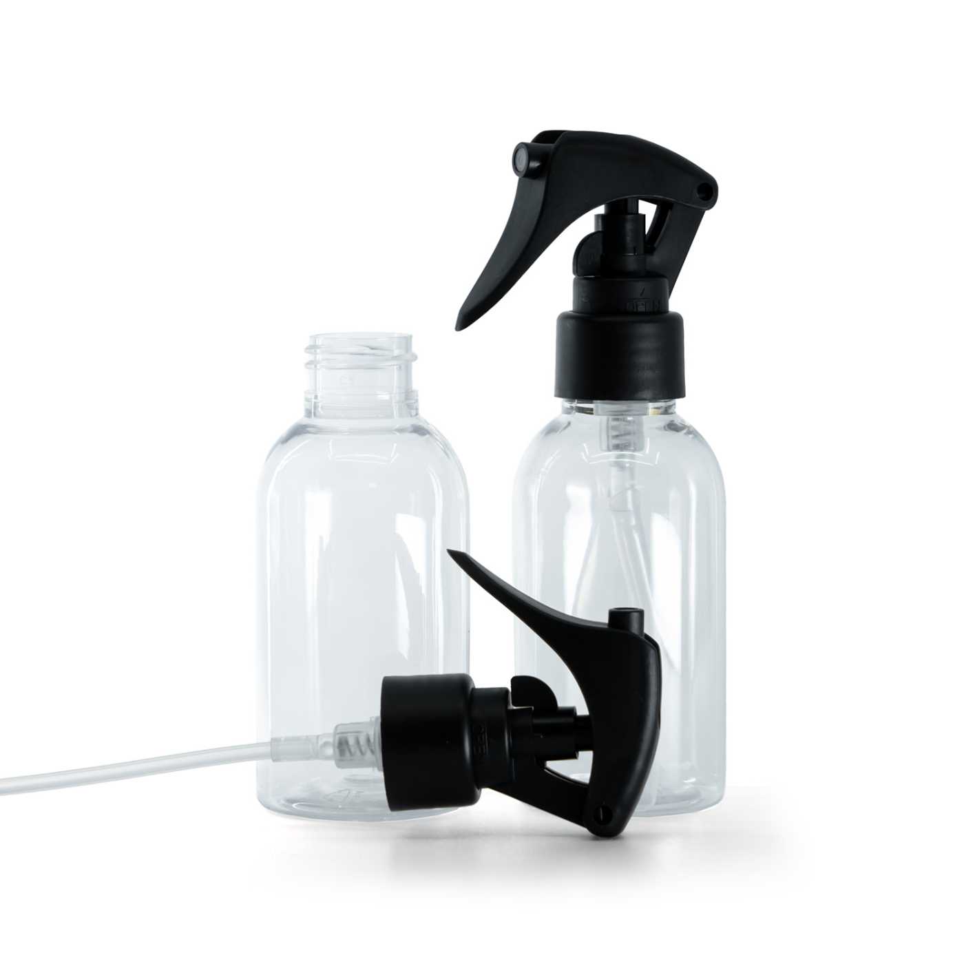 Flacon en plastique transparent, rond, pulvérisateur à gâchette noir mat, bague lisse, 100 ml
