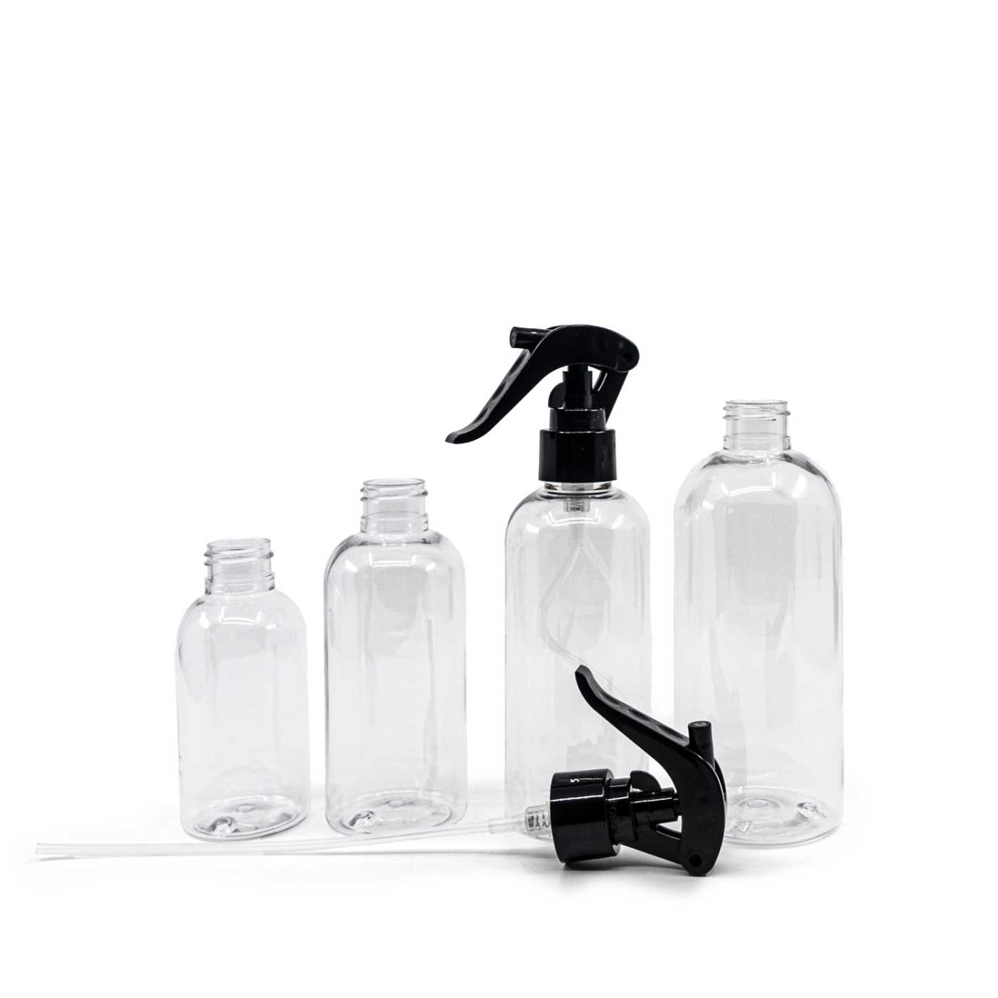 Műanyag üvegcse, átlátszó, kerek, fekete pisztolyos szórófej, 100 ml
