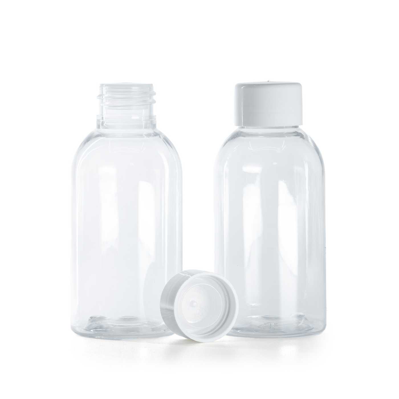 Flacon rond en plastique transparent, bouchon blanc lisse avec réducteur, 100 ml