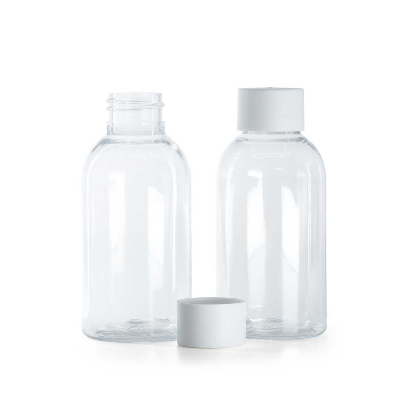 Flacon en plastique transparent, bouchon blanc mat, 100 ml