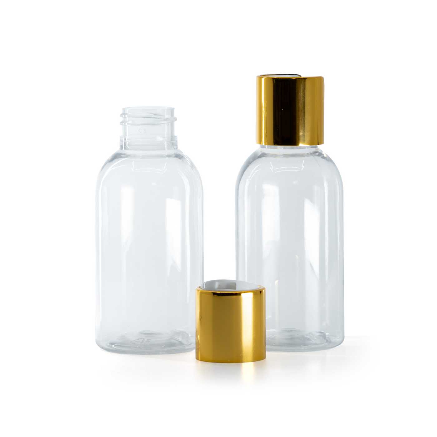 Flacon en plastique transparent rond, bouchon disc-top doré avec insert blanc, 100 ml