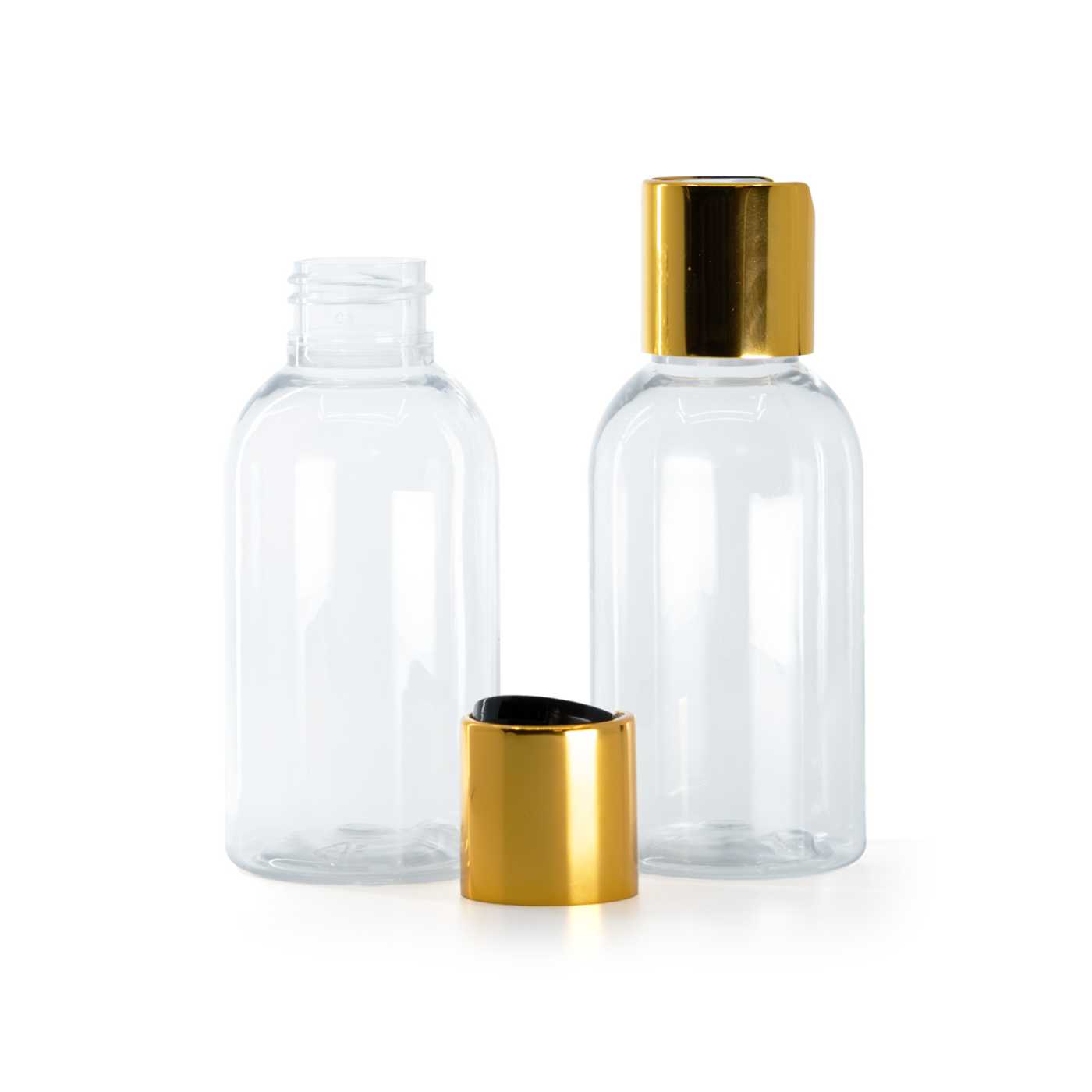 Butelka plastikowa przezroczysta okrągła, nakrętka disc top, złota, czarny środek, 100 ml