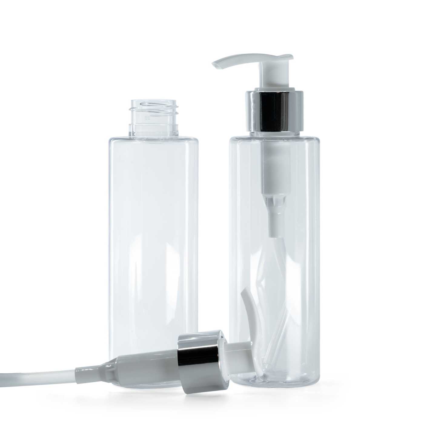 Flacon en plastique transparent, distributeur blanc avec bague argentée brillante, 150 ml