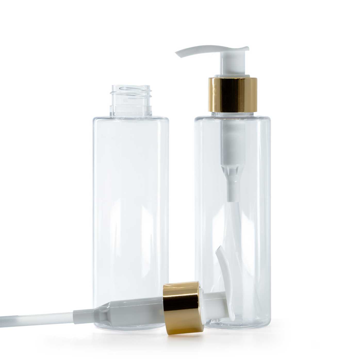 Flacon en plastique transparent, pompe lotion blanche avec bague dorée brillante, 150 ml