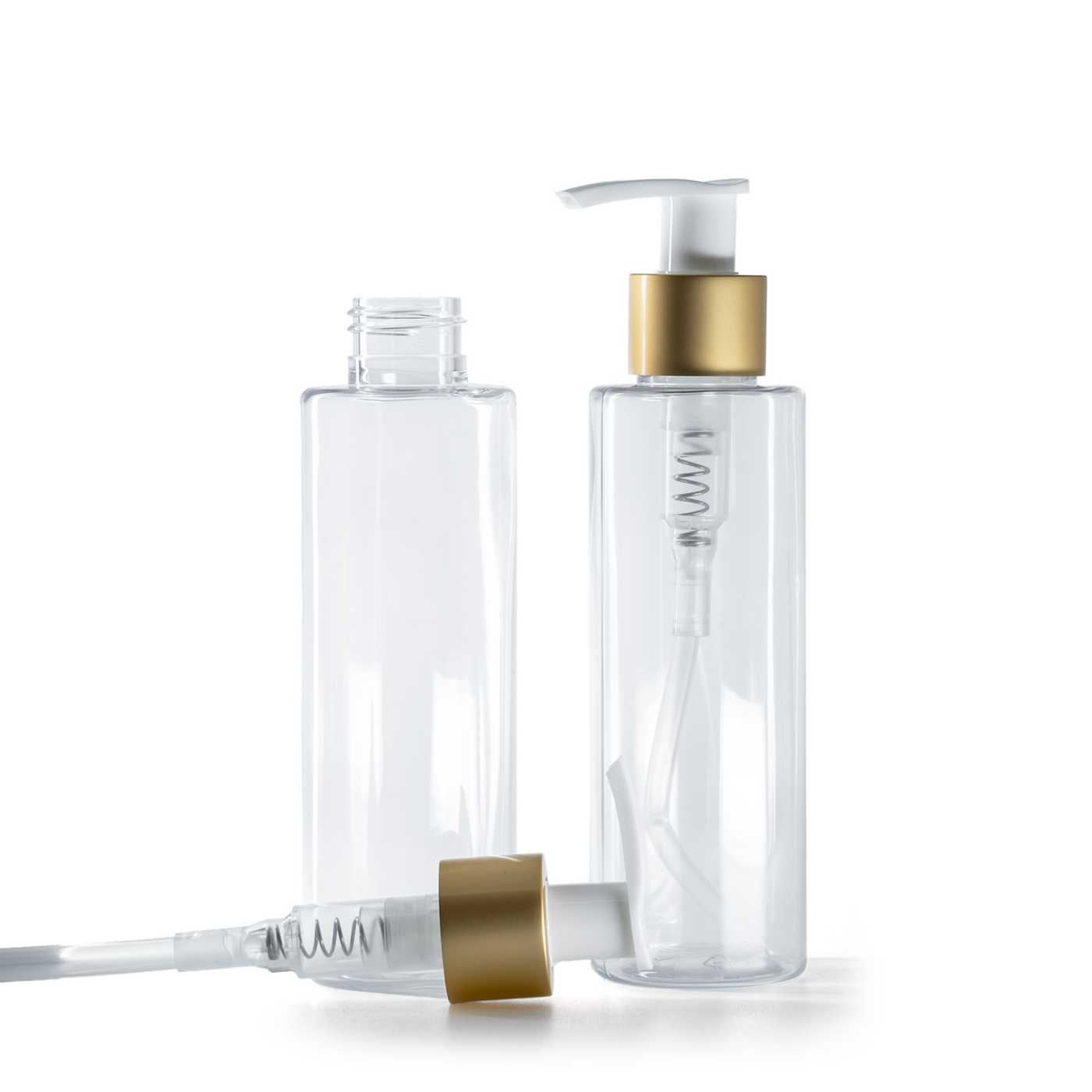 Flacon en plastique transparent, distributeur blanc avec bague or mat, 150 ml