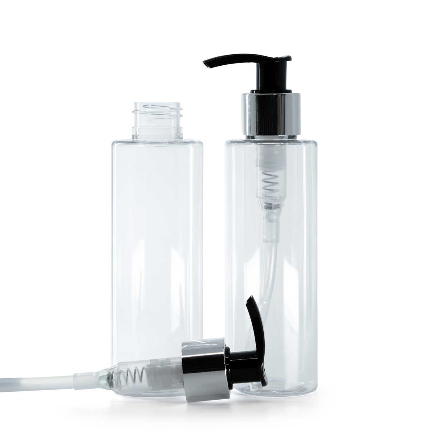 Flacon en plastique transparent, distributeur noir et argenté, 150 ml